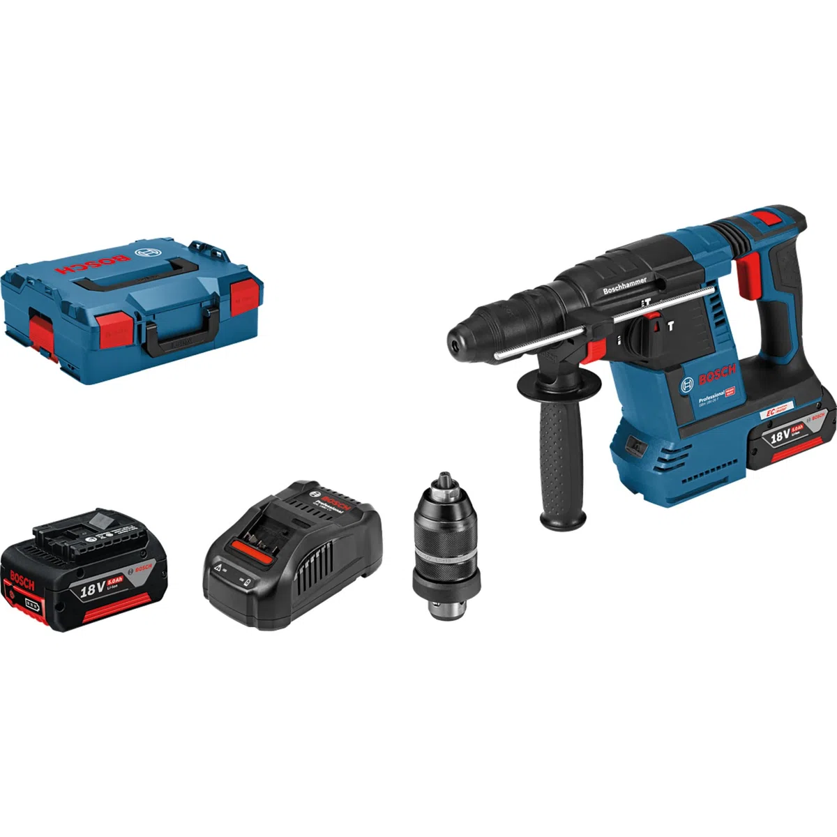 Bosch Professional 18V System perforateur sans-fil GBH 18 V-26 F (avec 2 batteries 5,0Ah, chargeur rapide GAL 1880 CV, butée profondeur 210mm, chiffon, poignée auxiliaire, mandrin automatique, L-BOXX)