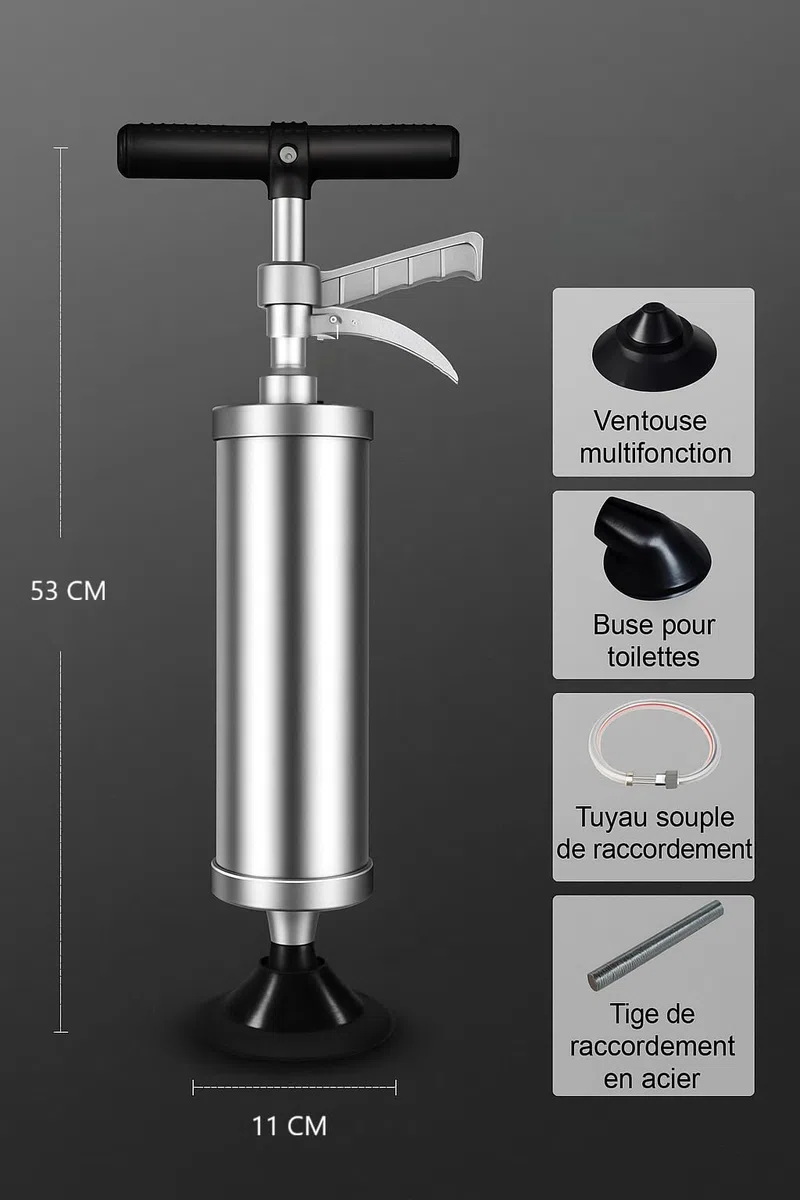 BRÜTAL Déboucheur Canalisation Haute Pression à Air Comprimé – WC Évier Lavabo Douche – Pistolet Déboucheur Pneumatique Professionnel 4 Bars, Manomètre, Cuve Inox & 3 Embouts – Sans Produit Chimique