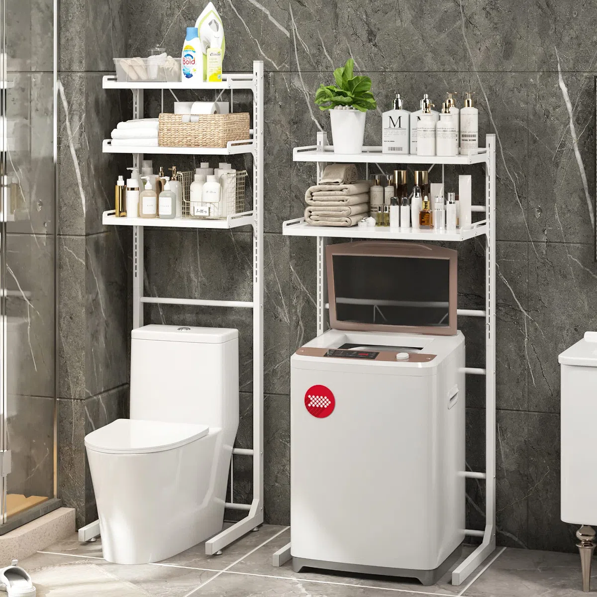 Organisateur de Toilettes sur pied Réglable Support de Rangement pour Étagère à Linge Salle de Bain Espace Économisé, au-Dessus de l'étagère de la Machine à Laver, Rangement pour Lave-Linge Utilitaire