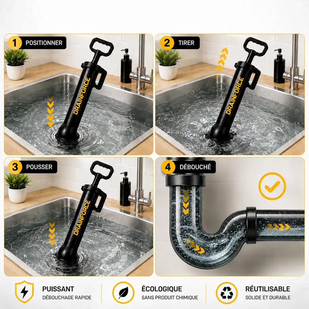 Déboucheur à Pompe Haute Pression – Pompe à Déboucher WC, Évier, Douche – Déboucheur Canalisation Puissant Sans Produits Chimiques – 3 Buses + Gants + Sac de Rangement
