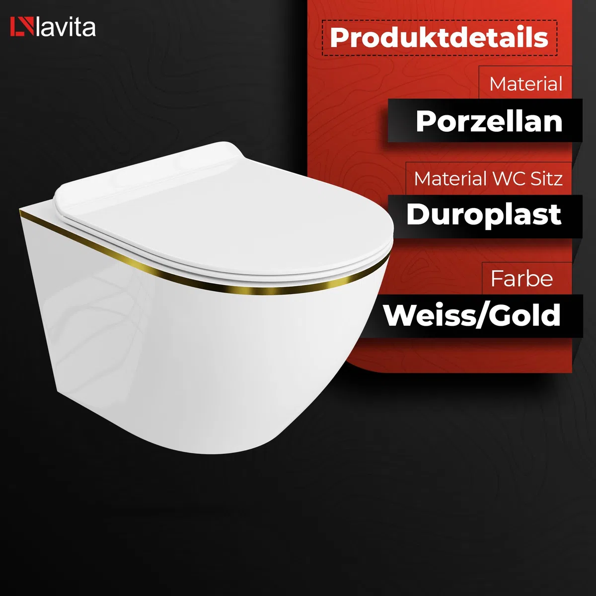 LAVITA WC mural suspendu avec siège de toilette, couvercle de toilette avec système d'abaissement automatique et charnières en métal Sans rebords, cuvette de toilette suspendue Sofi Slim Gold Line