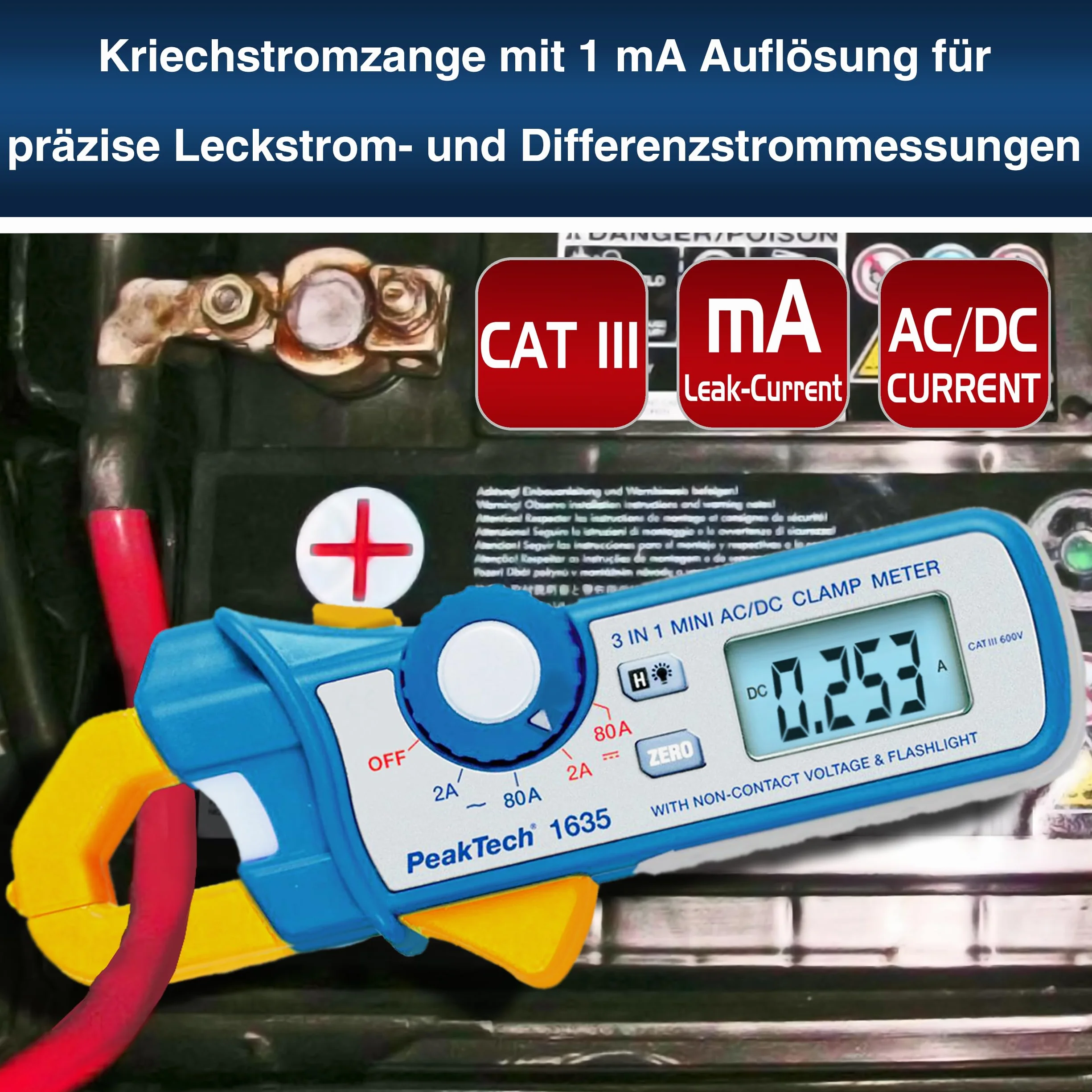 PeakTech P 1635 Pince ampèremétrique, pince ampèremétrique, avec résolution 1 mA et NCV, 1 pièce, P 1635