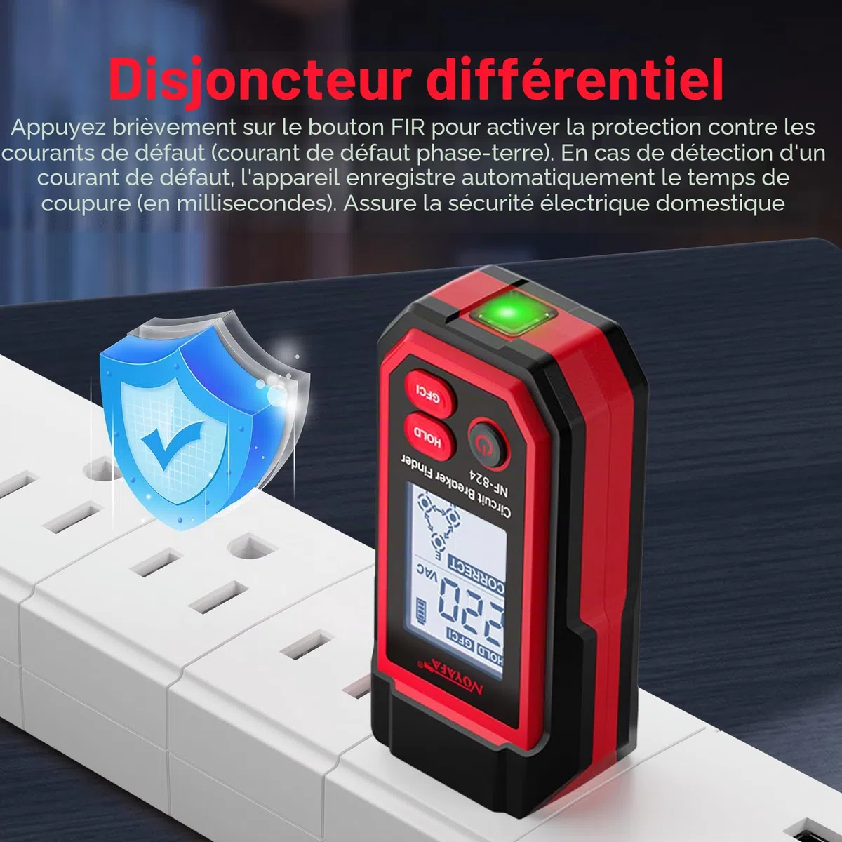 NOYAFA NF-824 Testeur de prise, détecteur de fusible, détecteur de disjoncteur avec écran LCD, testeur de tension sans contact avec 240 V, testeur de prise Schuko, testeur de phase NCV, détecteur de