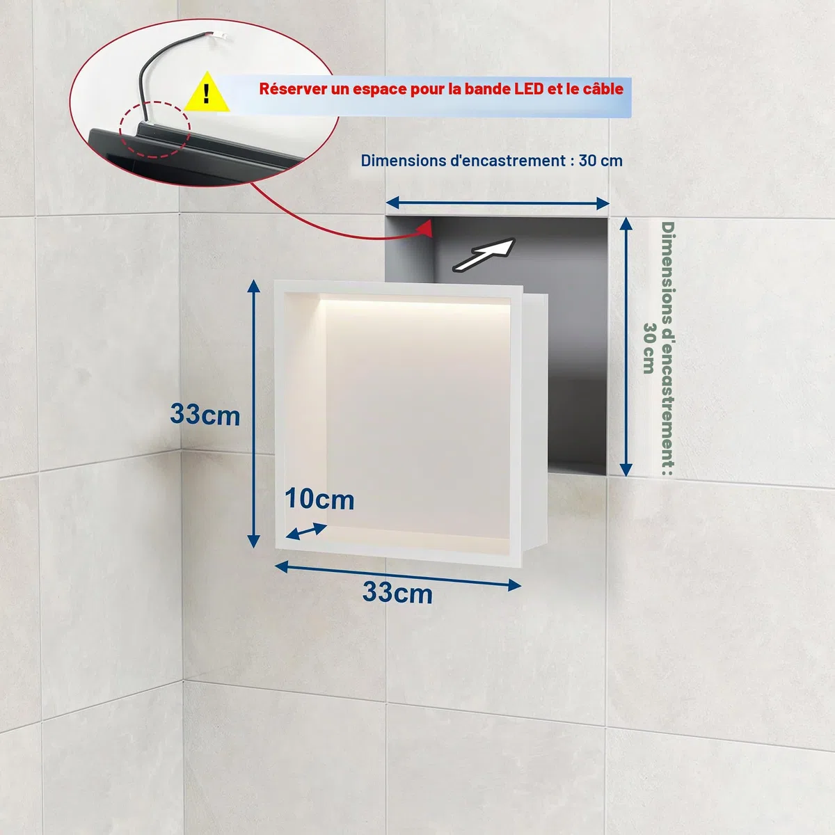 Niche de douche murale en acier inoxydable avec lumière LED, niche de douche encastrée blanche, étagère de rangement simple pour salle de bain, 30x30 cm