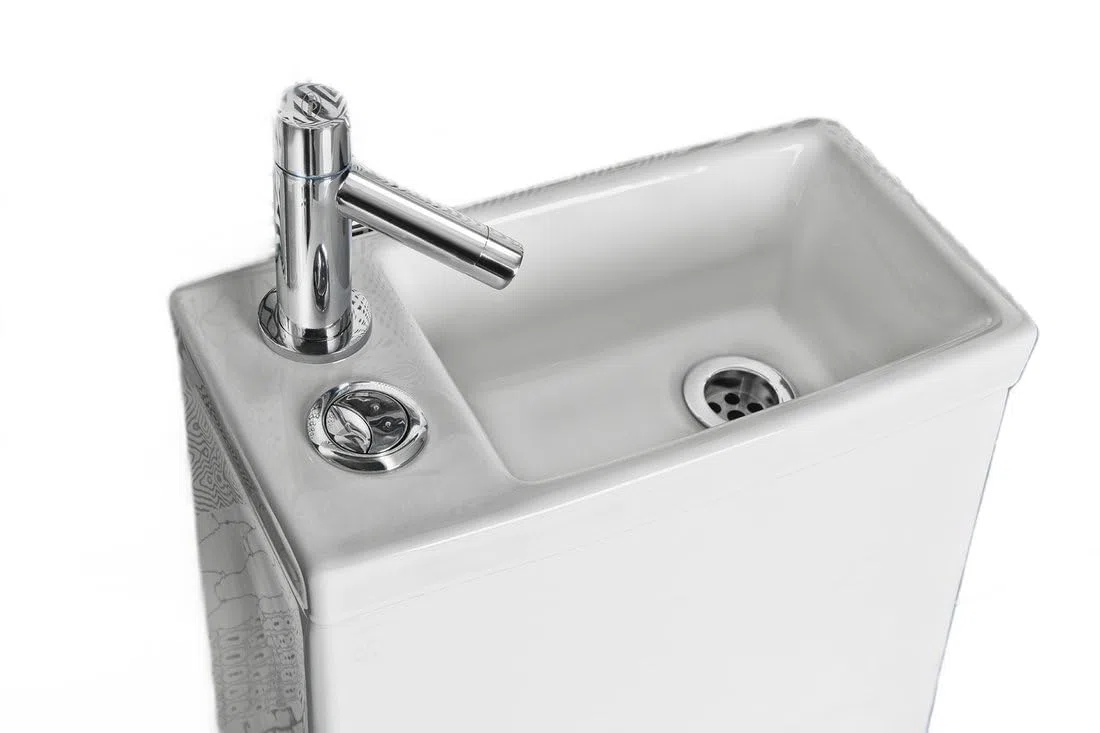 Compact Toilet 2-en-1 avec bassin de lavage intégré et robinet chromé - WC en céramique blanc économisant de l'espace
