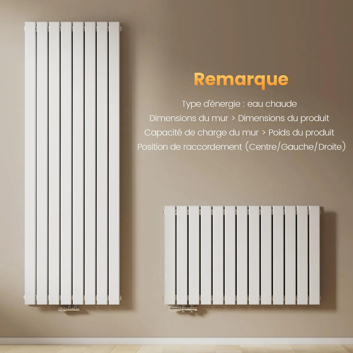 EMKE Radiateur Vertical, 630x1000 mm, Design À Raccordement Central, Radiateur À Panneaux Double Couche Mural, Blanc, 1343 Watts