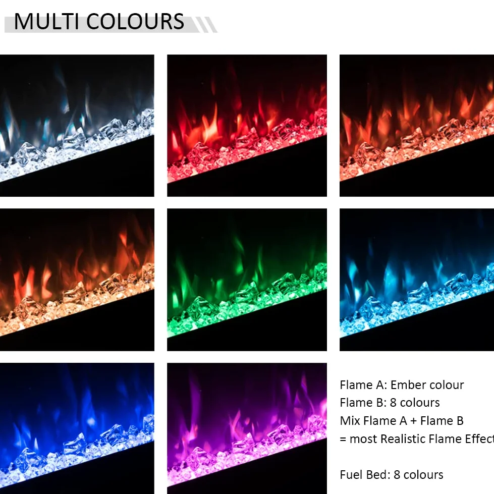 FLAMME Castello Cheminée électrique murale encastrée avec 3 couleurs de flamme 750 W/1500 W 127 cm