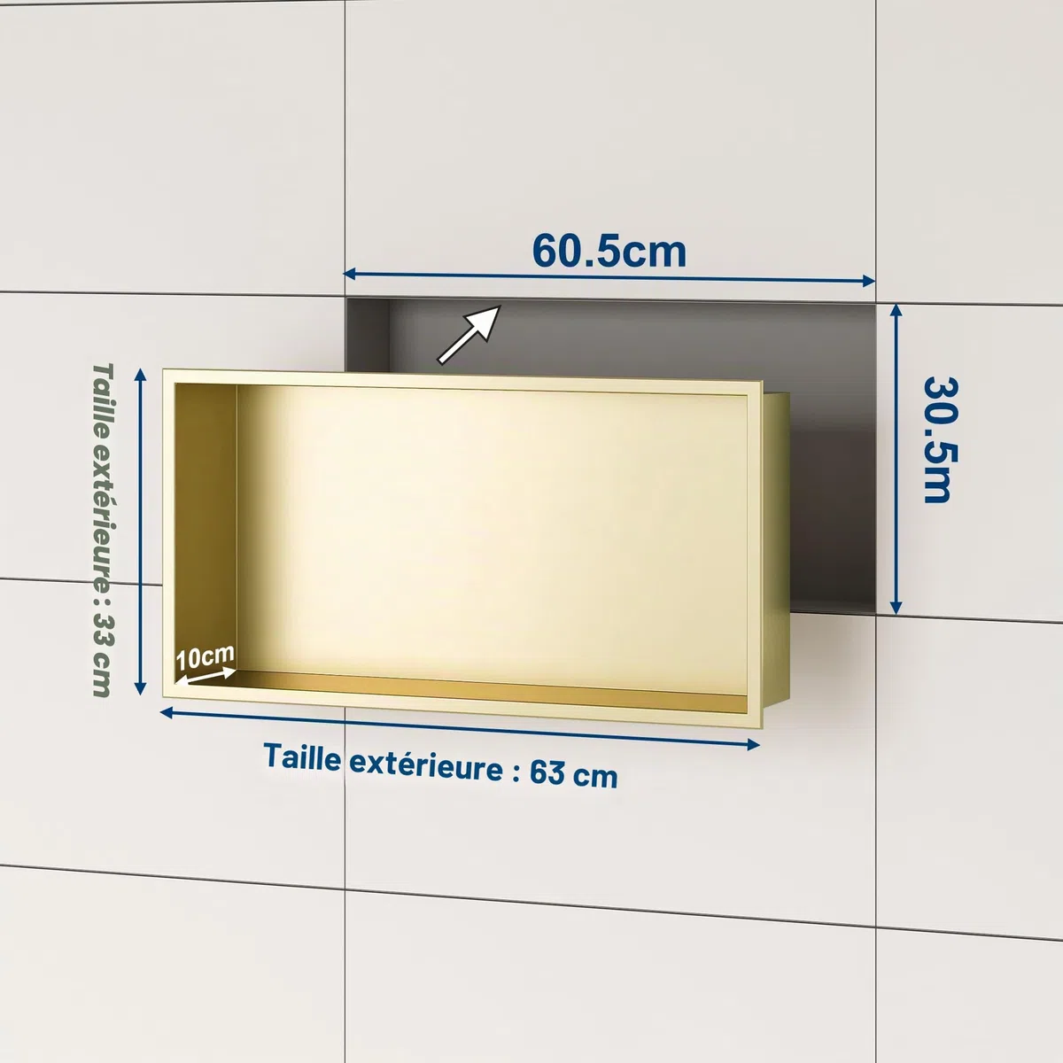 Neodrain Niche murale pour douche 60 x 30 cm en acier inoxydable 304 - Niche de douche dorée - Niche intégrée de stockage pour rénovation de salle de bain