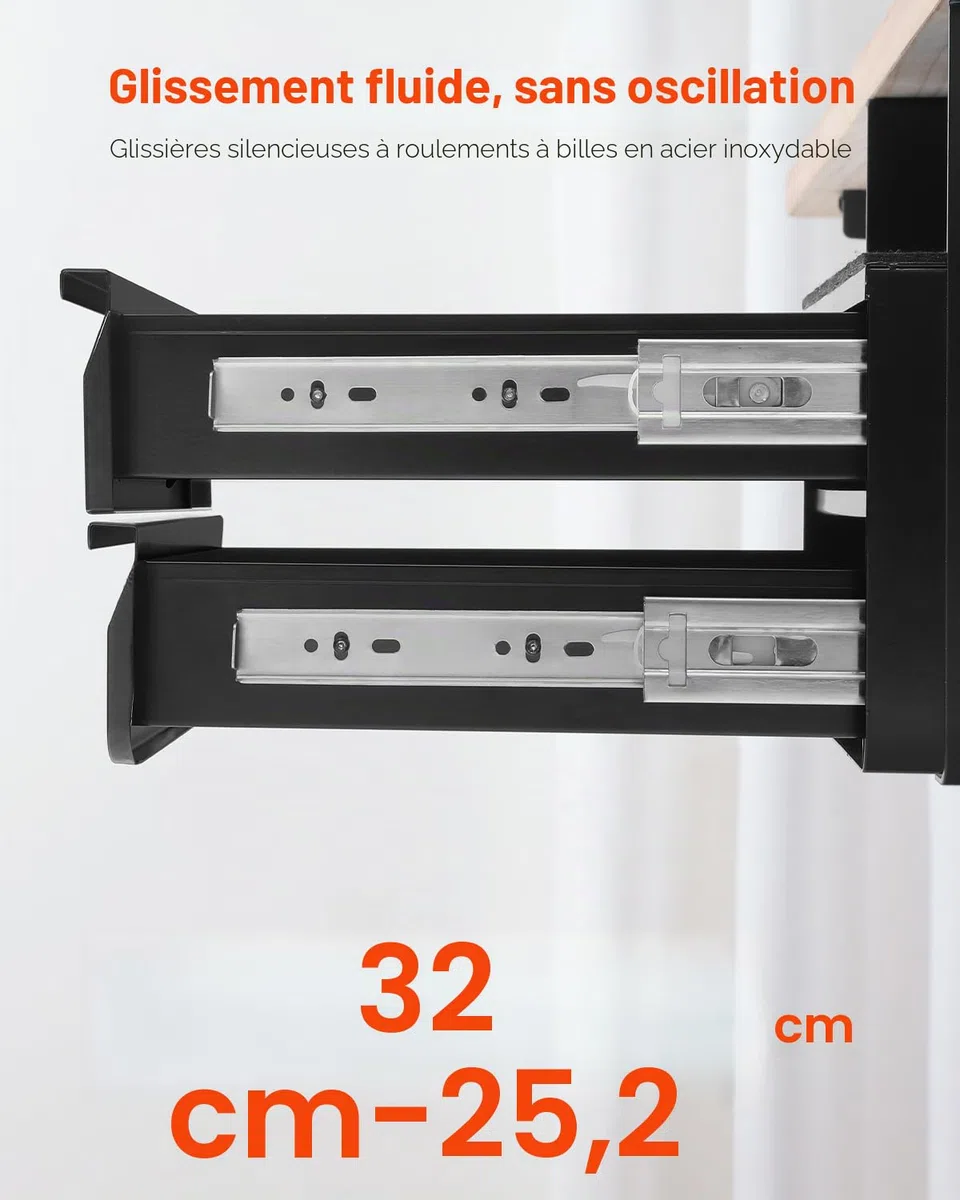 VEVOR Tiroir Coulissant sous Bureau, 365x335x250 mm, Tiroir Organisateur de Rangement de Bureau Caché Verrouillable, Capacité de Charge 5 kg, pour Maison sous Table, Poste de Travail Assis-Debout