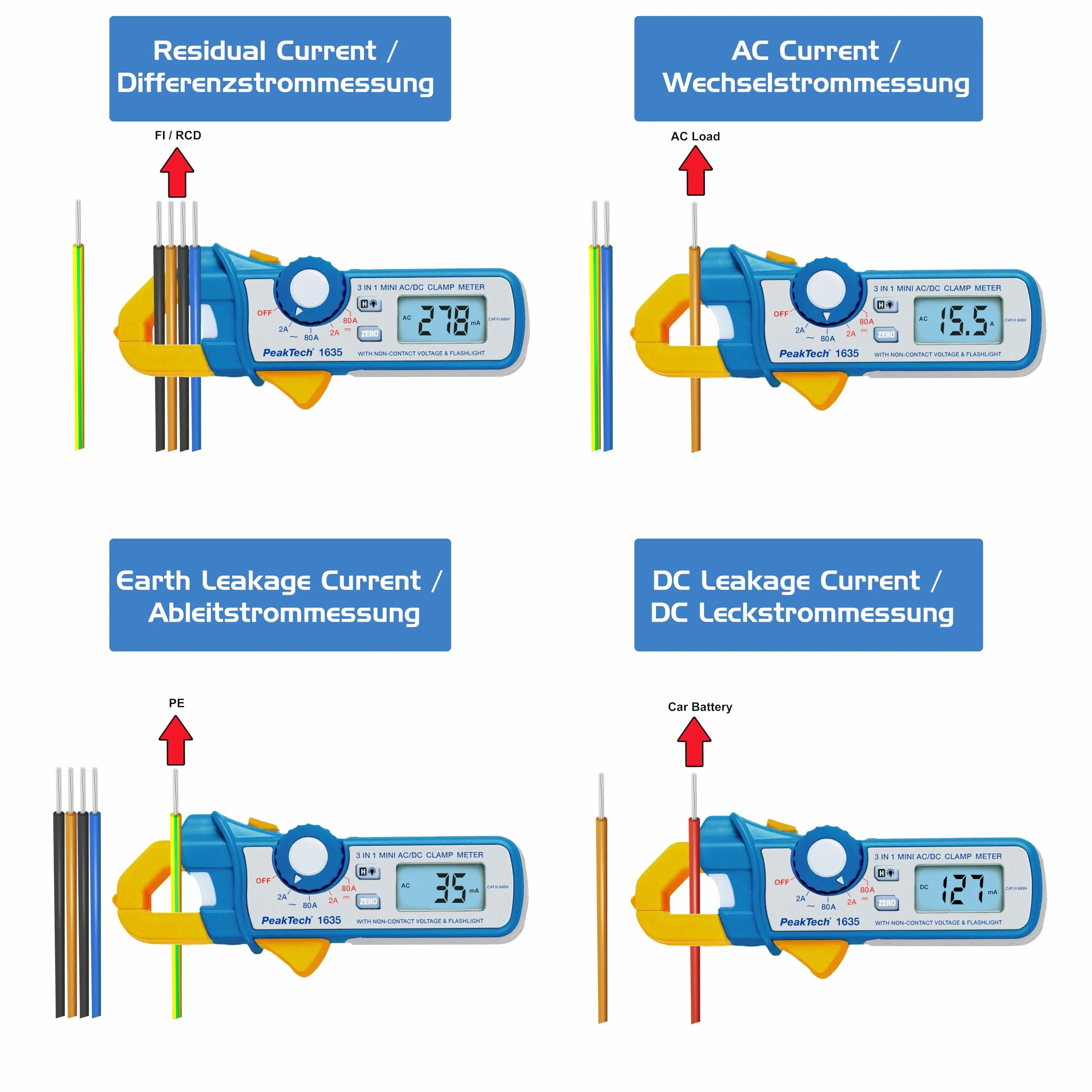 PeakTech P 1635 Pince ampèremétrique, pince ampèremétrique, avec résolution 1 mA et NCV, 1 pièce, P 1635