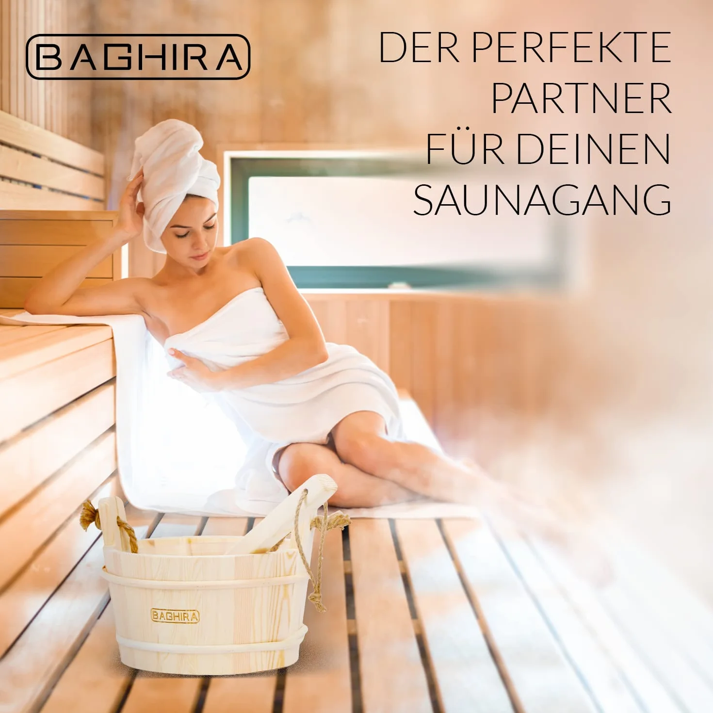BAGHIRA Lot de 5 seaux de sauna en pin - Avec insert en PVC - Seau de sauna avec truelle, sablier, thermomètre et hygromètre