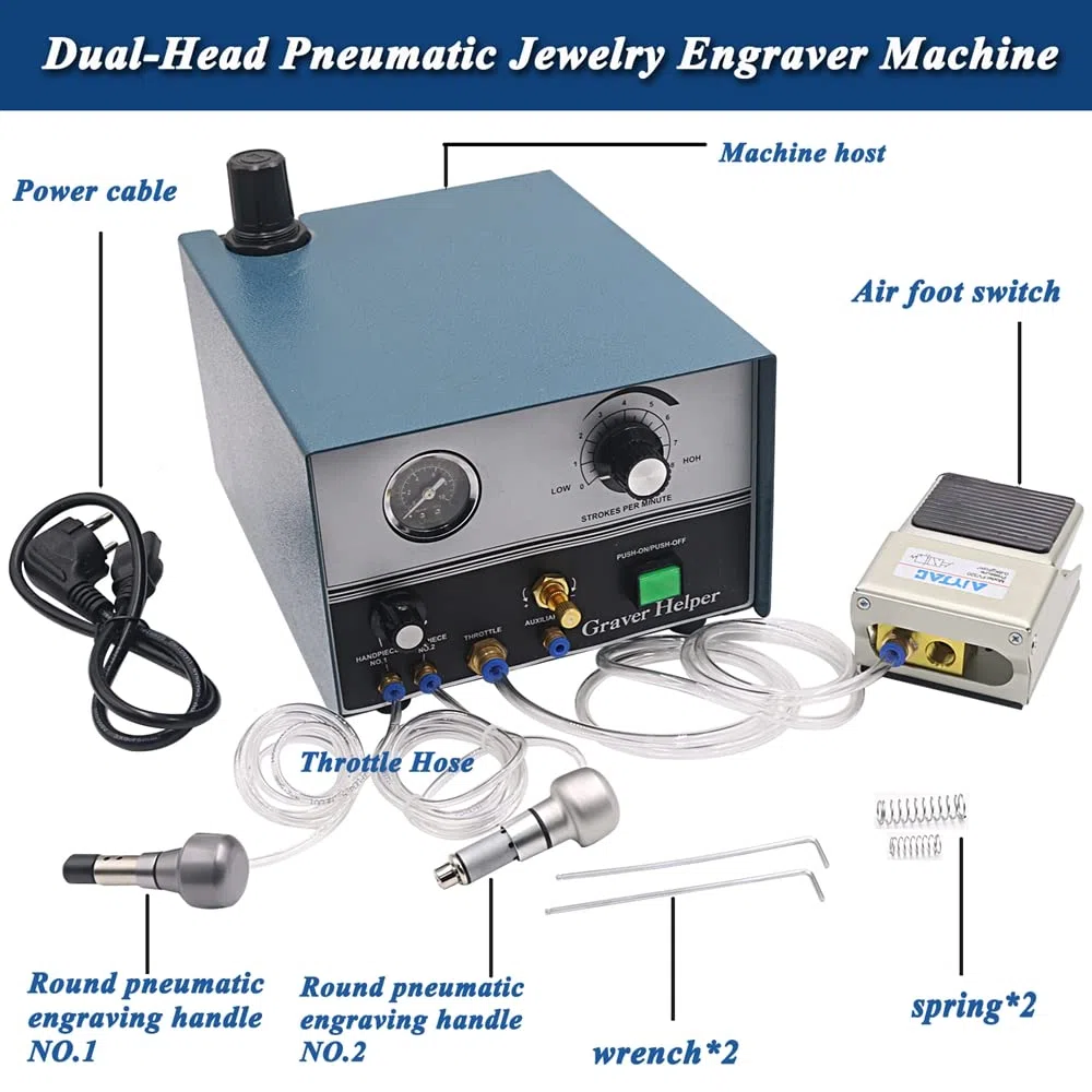 Graveur pneumatique à double tête pour bijoux - 220 V 60 Hz - 100-4000 tr/min - Graveur pneumatique - Micro engraeur pour bijoux et fer forgé
