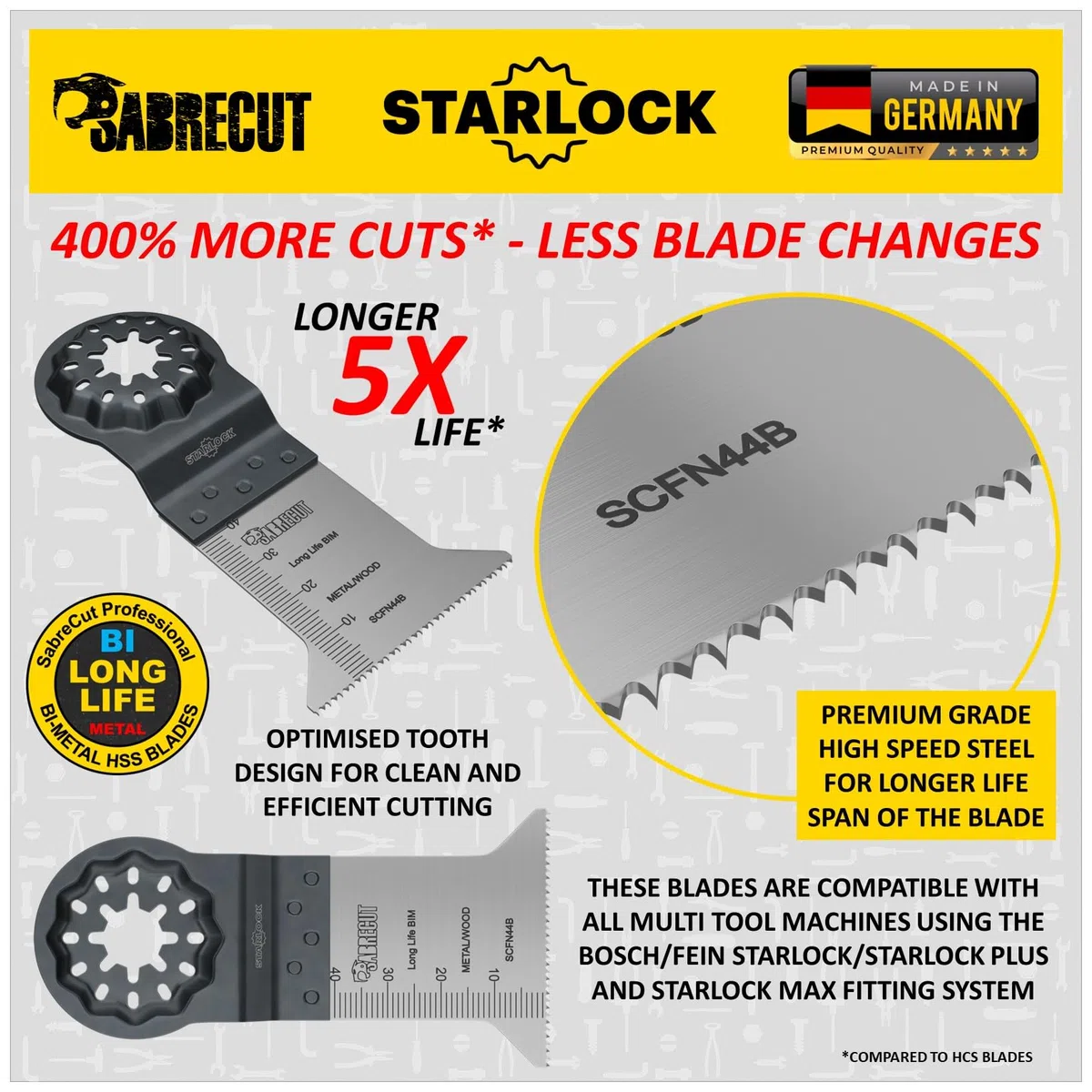10 x SabreCut SCFNK10 Mix Bimetal (BIM) Lames pour outils multifonctions longue durée compatibles avec Bosch Fein Starlock/Starlock Plus et Starlock Max Système de montage multi-outils et accessoires