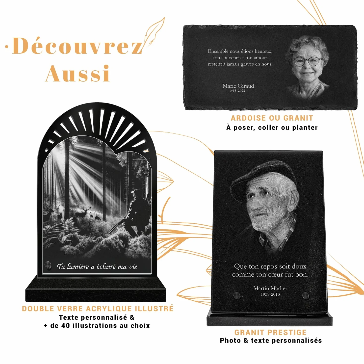 ETERNEL - Plaque Funéraire Personnalisée Dentelle Pêche Photo et Texte Personnalisable, Plaque Funéraire Gravée au Laser pour Hommage, Plaque Mortuaire, Cimetière, Cérémonie, Sépulture