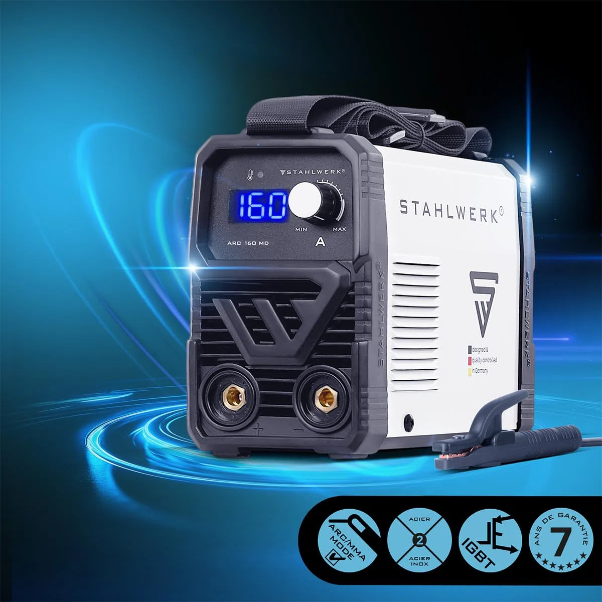 STAHLWERK Poste à souder à l'électrode ARC 160 MD – Kit complet – MMA jusqu'à 160 A, utilisation flexible sans gaz, compact & léger, évolutif TIG DC, Hotstart, Anti-Stick, Smart Cooling