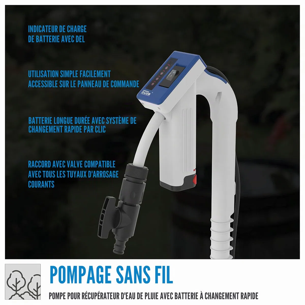 Güde Pompe pour fûts de pluie à batterie RFP 12-201-04 (12 V, 1500 l/h, hauteur de refoulement 11 m, granulométrie max 0,5 mm, robinet d'arrêt, réglage télescopique, batterie et chargeur inclus)