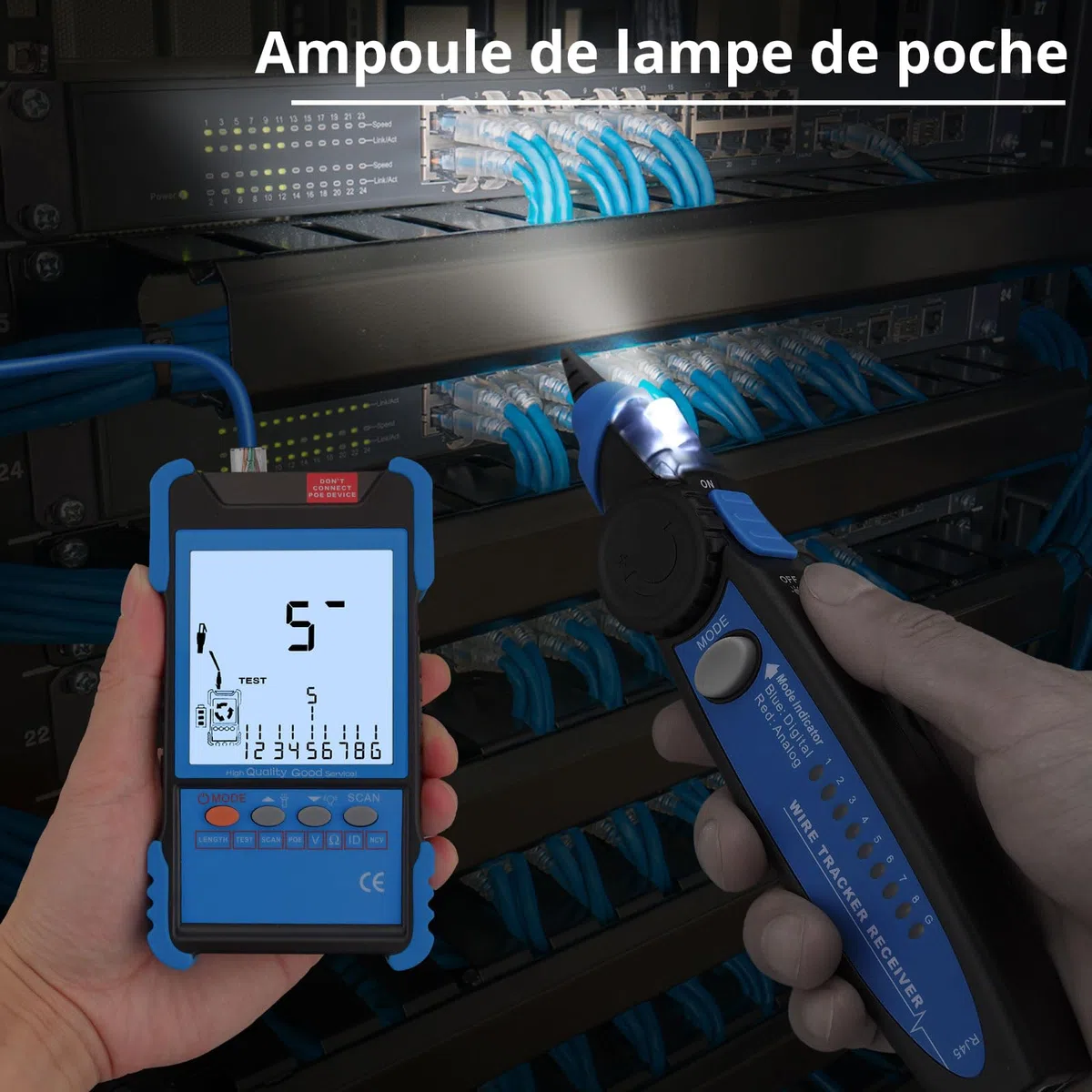 Testeur de Câble Réseau RJ45 RJ11 avec Écran LCD, Détecteur de Câble Fonction PoE & NCV Détecteur de Ligne Continuité Traqueur de Fil Multifonction pour CAT5 CAT6 CAT7 CAT8