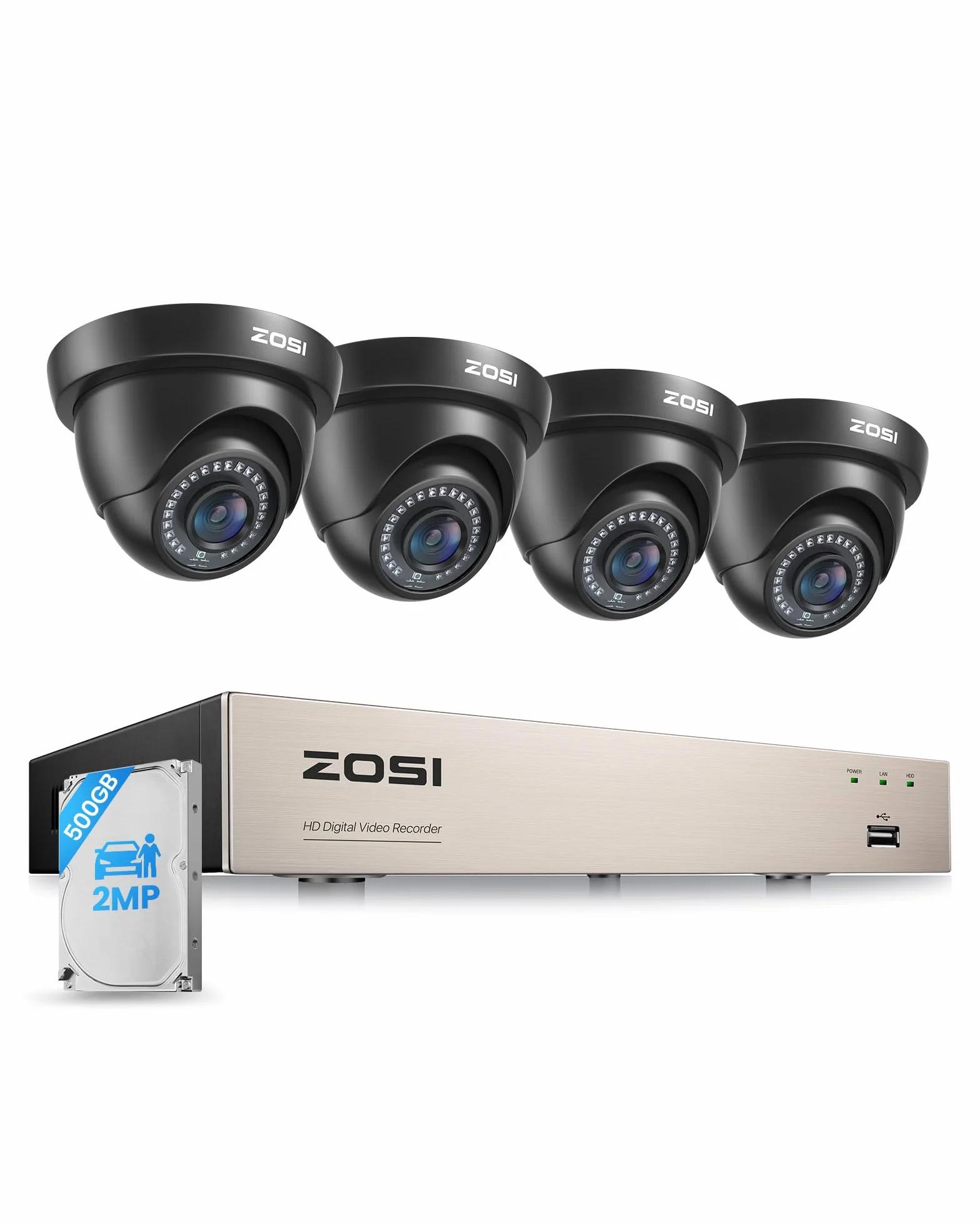 ZOSI Kit Caméra de Surveillance Extérieure Filaire 1080P avec DVR 8CH 500G | Détection de Personnes/Véhicules, Vision Nocturne IR 24m, Angle de Vue 90°, Alerte Instantanée via APP gratuite