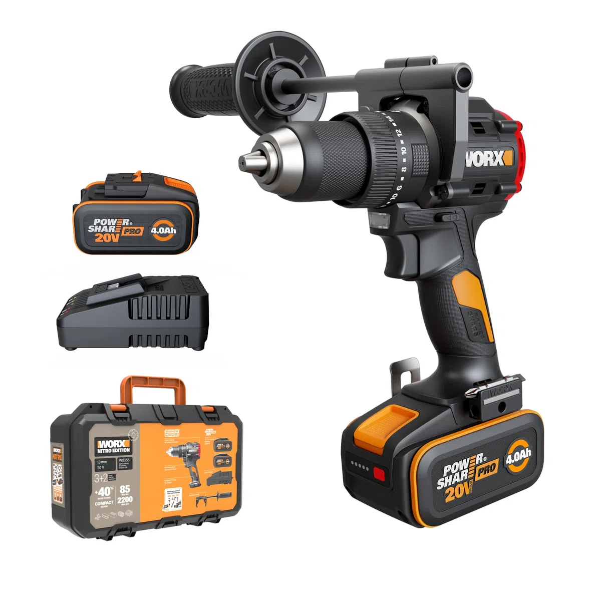 WORX Perceuse-visseuse à percussion sans fil 20V WX356, couple max de 85 Nm, moteur brushless, design compact, éclairage led intégré, livrée avec 2 batteries, chargeur, poignée auxiliaire, etc