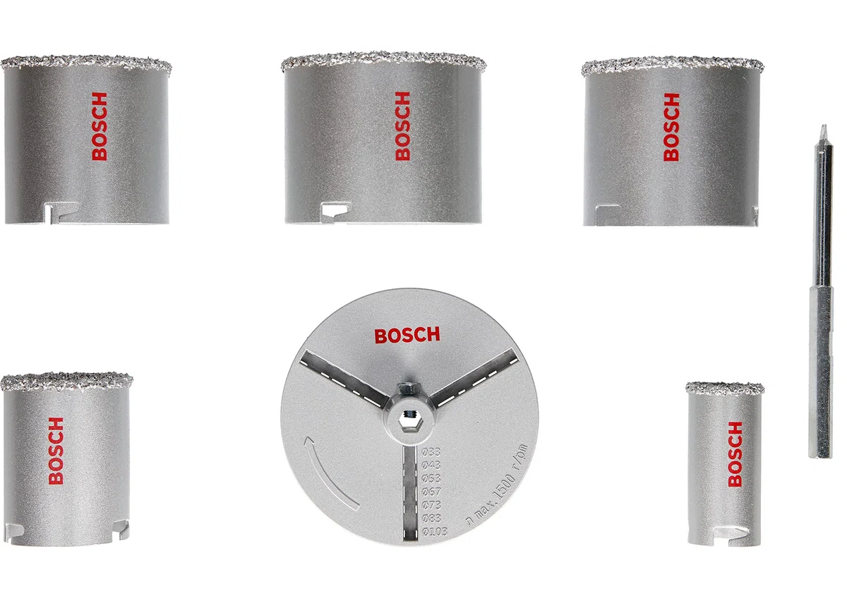 Bosch Accessories 2609255629 Assortiments de scies-trépan à concrétion carbure Embase et forêt de centrage compris Diamètres 33/53/67/73/83 mm