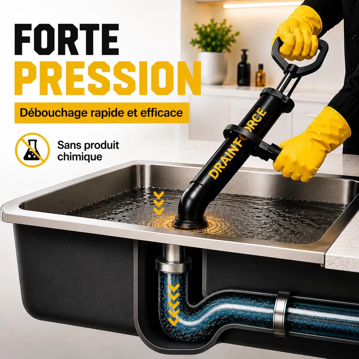 Déboucheur à Pompe Haute Pression – Pompe à Déboucher WC, Évier, Douche – Déboucheur Canalisation Puissant Sans Produits Chimiques – 3 Buses + Gants + Sac de Rangement