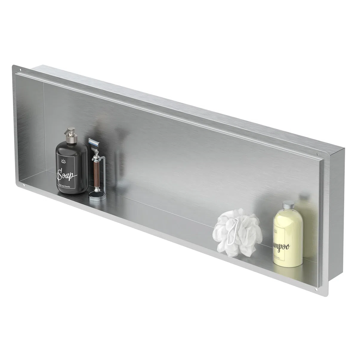 LuxeBath Niche de Douche Encastrée Murale, 90x30x10 cm, en Acier Inoxydable, Argent, sans Rebord, Étagère Encastrable Salle de Bain, Seule Couche, Rangement Articles Toilette, avec Matériel Montage