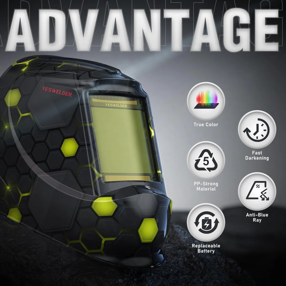 YESWELDER Masque Soudure Vraie Couleur Grande Vue 10X9cm Casque Soudure Automatique Filtre Anti-Lumière Bleue, 4 Capteur Grandes Ombres 4/5-9/9-13 pour TIG MIG Arc Cut Grind Cagoule Soudure