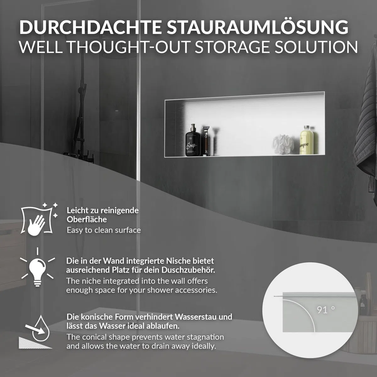 LuxeBath Niche de Douche Encastrée Murale, 90x30x10 cm, en Acier Inoxydable, Argent, sans Rebord, Étagère Encastrable Salle de Bain, Seule Couche, Rangement Articles Toilette, avec Matériel Montage