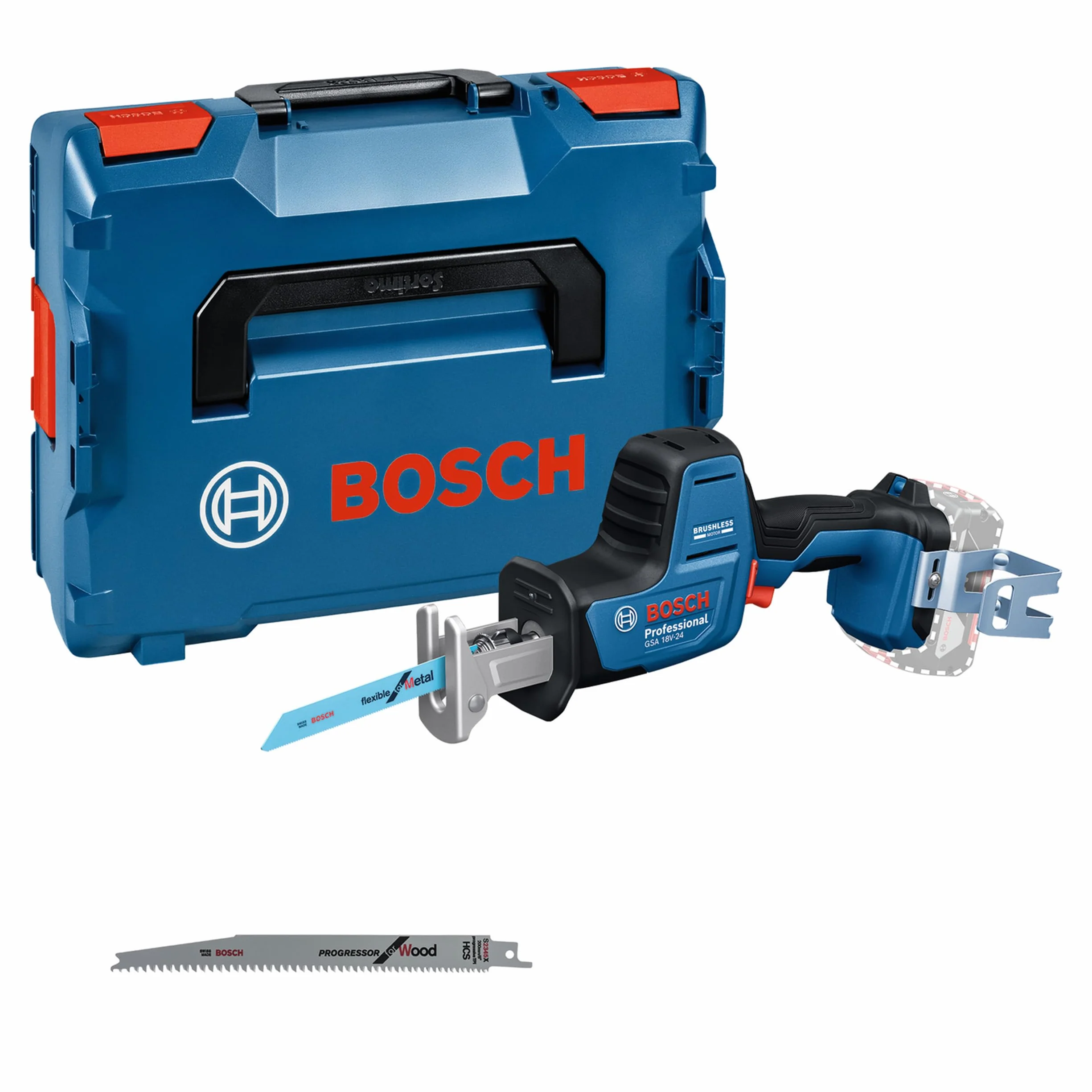 Bosch Professional 18V System scie sabre sans-fil GSA 18V-24 (avec S922EF, S2345X, kit crochet de suspension, L-BOXX, sans batterie ni chargeur)