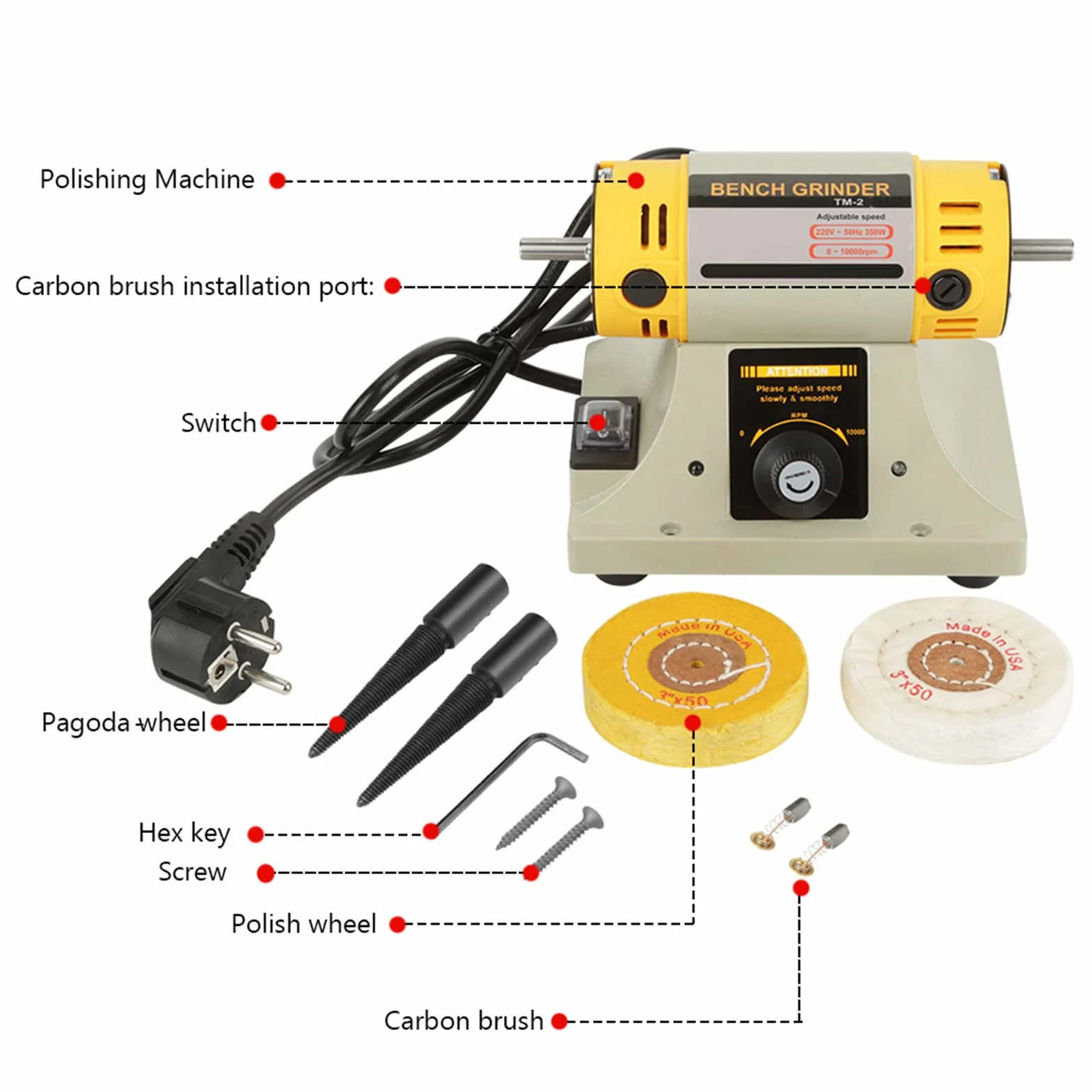 Polisseuse électrique 350 W pour moteur de tour de bijoux, taille compacte, faible vibration, roulement à billes lubrifié, boîtier de moteur étanche à la poussière