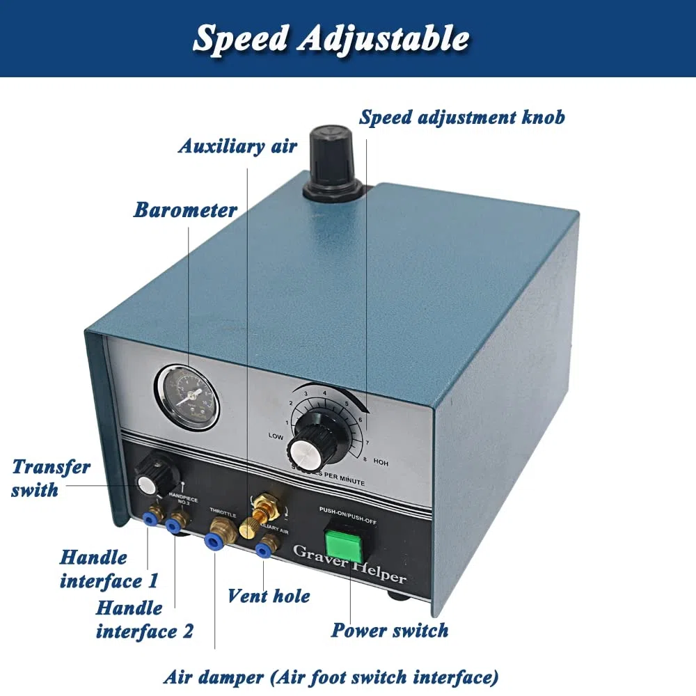 Graveur pneumatique à double tête pour bijoux - 220 V 60 Hz - 100-4000 tr/min - Graveur pneumatique - Micro engraeur pour bijoux et fer forgé