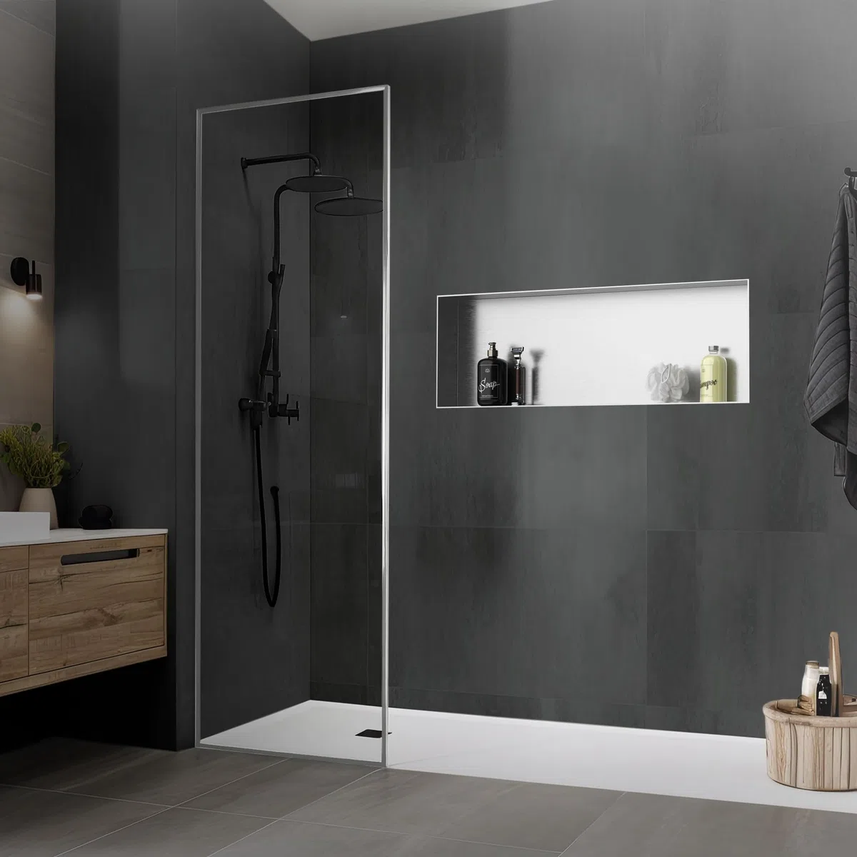 LuxeBath Niche de Douche Encastrée Murale, 90x30x10 cm, en Acier Inoxydable, Argent, sans Rebord, Étagère Encastrable Salle de Bain, Seule Couche, Rangement Articles Toilette, avec Matériel Montage
