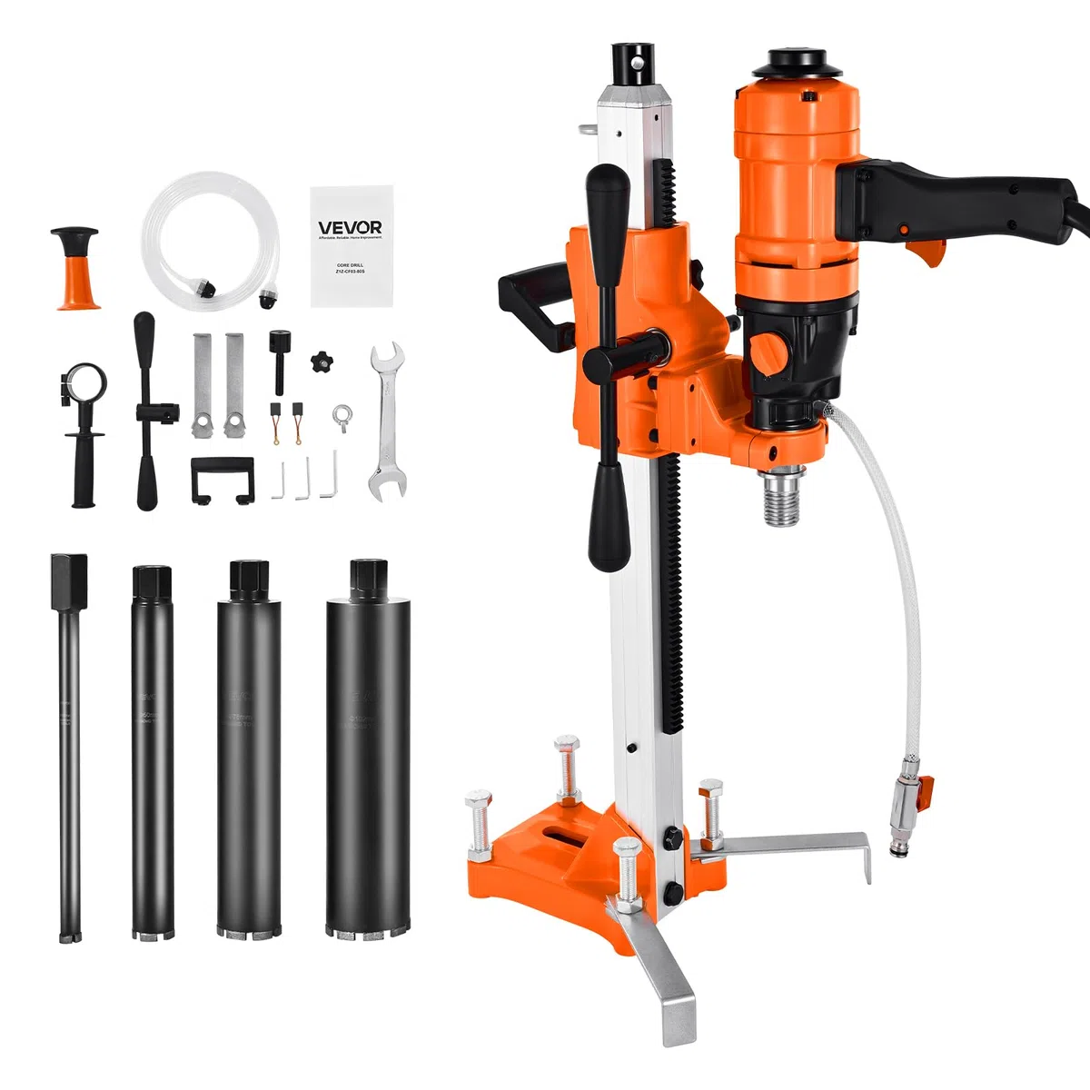 VEVOR Carotteuse à Diamant Diamètre de Perçage 200 mm, Perceuse à Béton Portative ou sur Pied 1500 W, 2 Vitesses 1000/2250 tr/min, Perçage Sèche et Humide, avec 4 Forets, pour Brique, Pierre