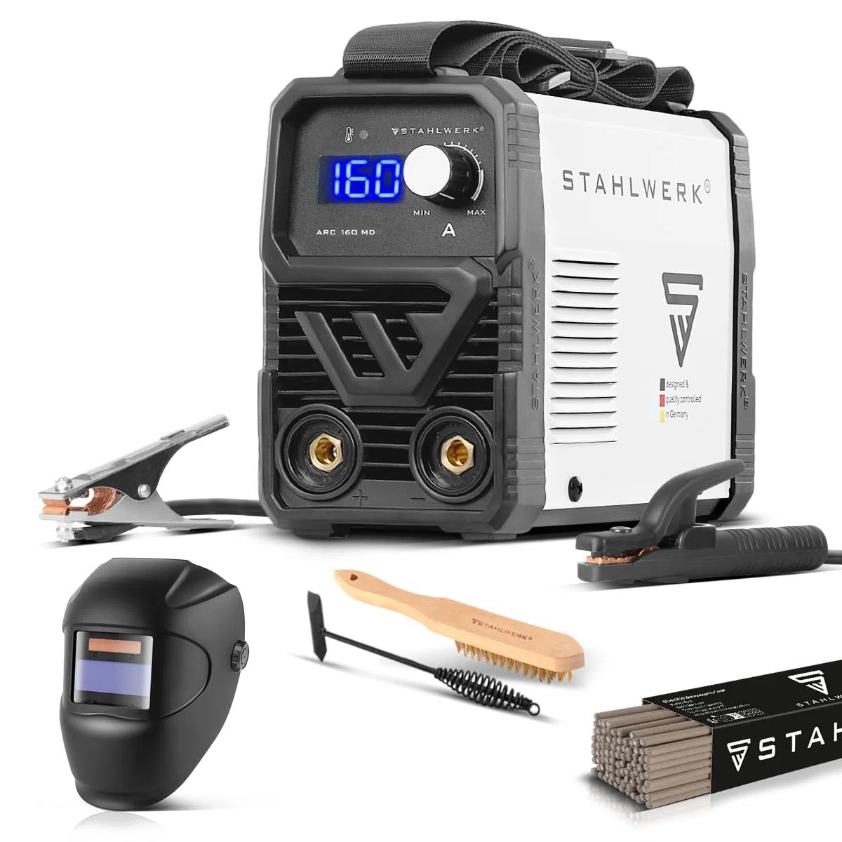 STAHLWERK Poste à souder à l'électrode ARC 160 MD – Kit complet – MMA jusqu'à 160 A, utilisation flexible sans gaz, compact & léger, évolutif TIG DC, Hotstart, Anti-Stick, Smart Cooling