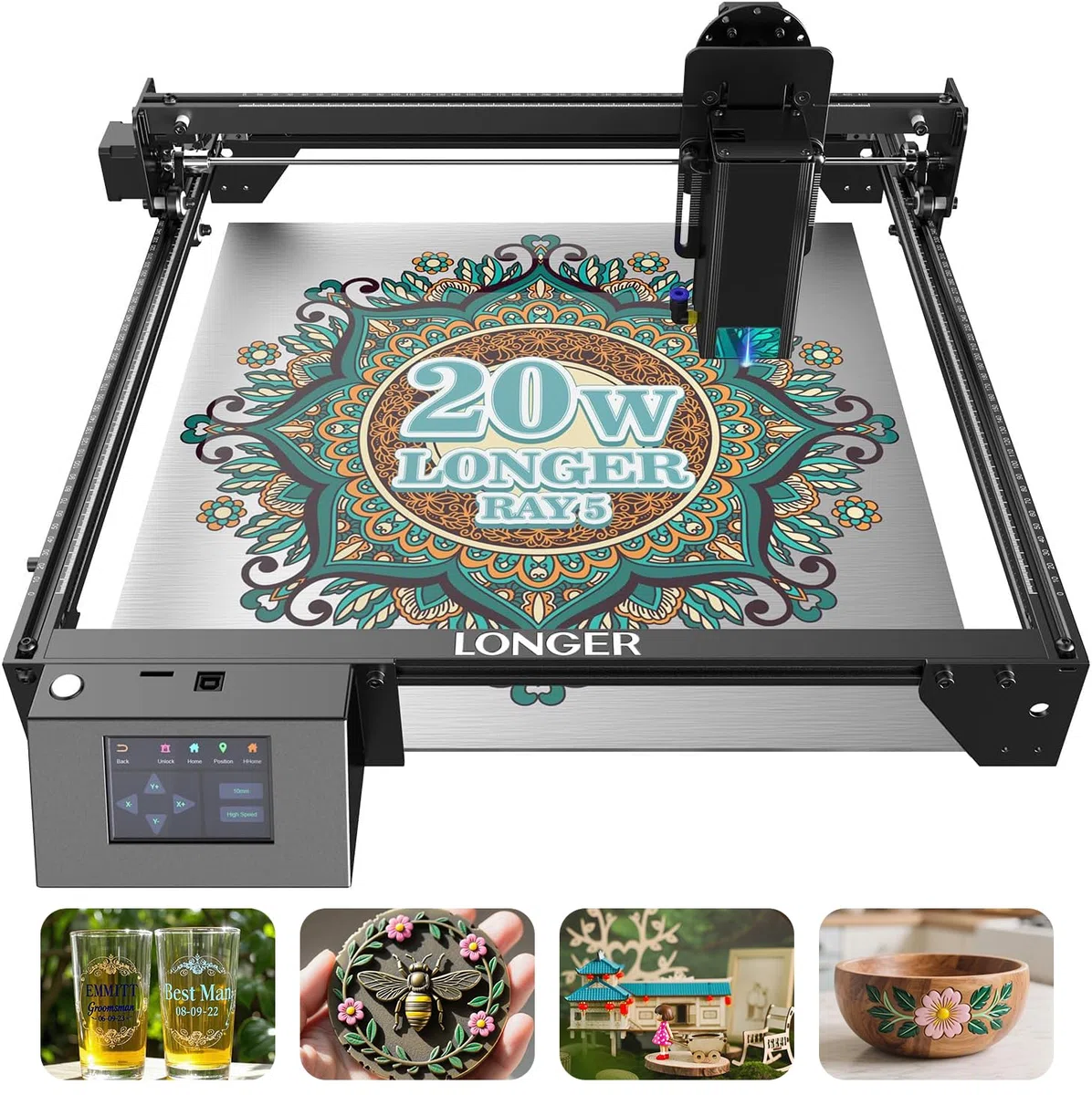 Longer Machine de gravure laser 20 W pour métal/bois/verre, plan de travail 400 x 365 mm, application hors ligne et écran tactile de 3,5 pouces, certifié CE, roulements allemands, lunettes de