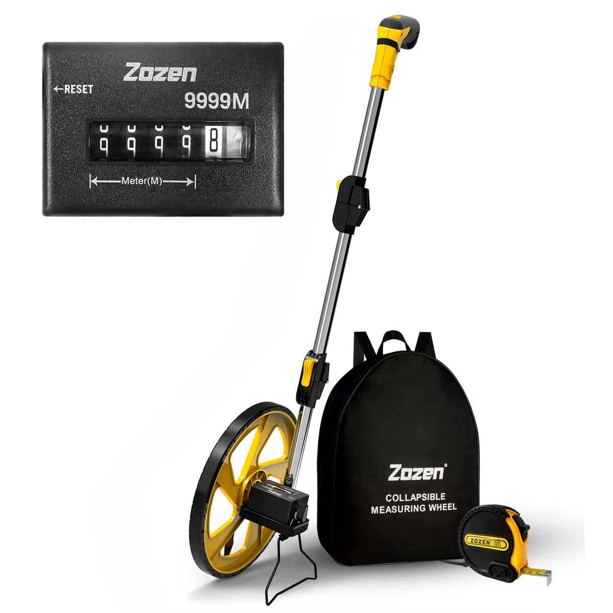 Zozen Roue de mesure en mètres, mètre pliable, unités métriques [jusqu'à 9 999 m], roue de mesure avec sac à dos