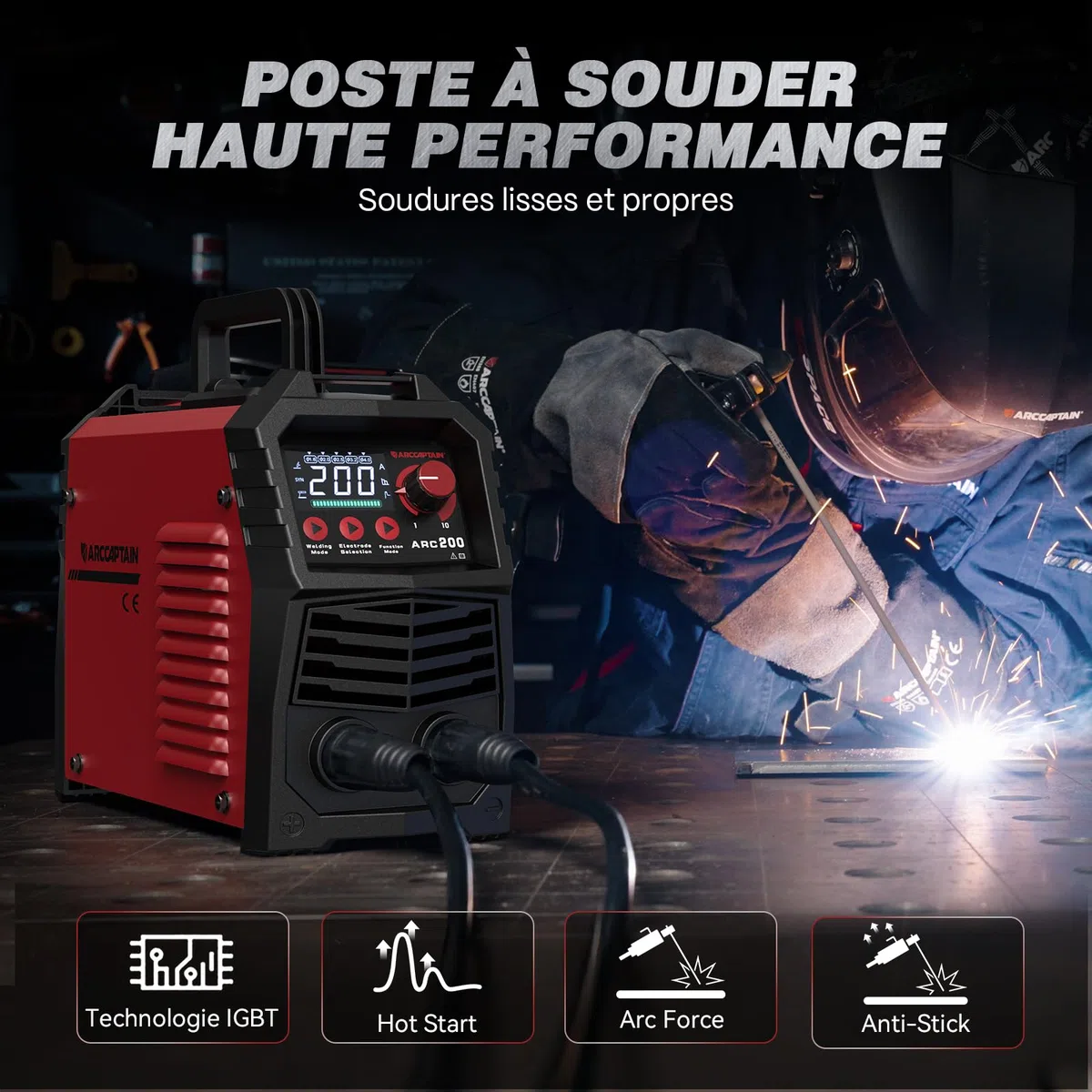 ARCCAPTAIN Poste a Souder Arc/Lift TIG 200 A avec Grand écran LED, Poste à Souder Inverter avec Contrôle Synergique,230V Machine a Souder con IGBT, Hot Start, Arc-Force, Anti-Stick
