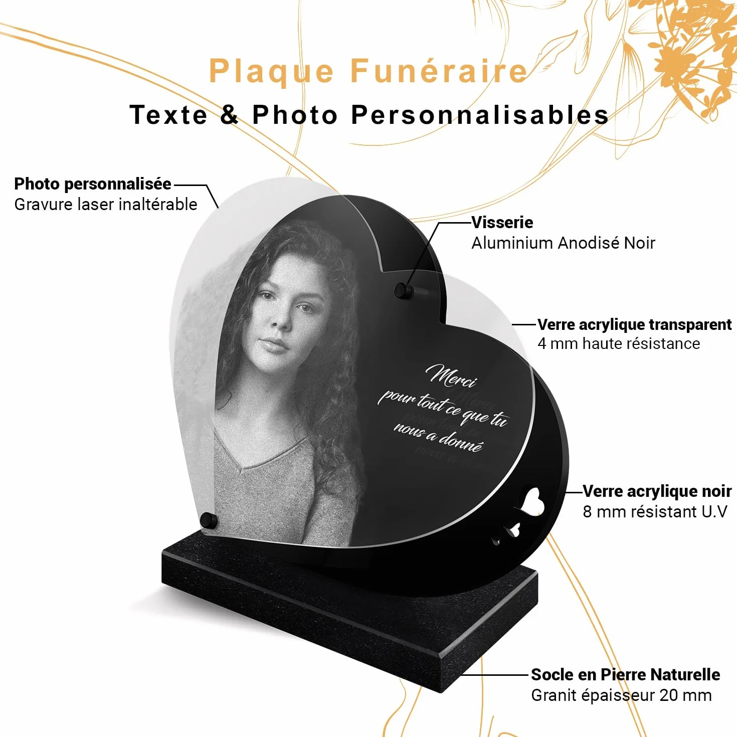 ETERNEL - Plaque Funéraire Personnalisée Dentelle Pêche Photo et Texte Personnalisable, Plaque Funéraire Gravée au Laser pour Hommage, Plaque Mortuaire, Cimetière, Cérémonie, Sépulture
