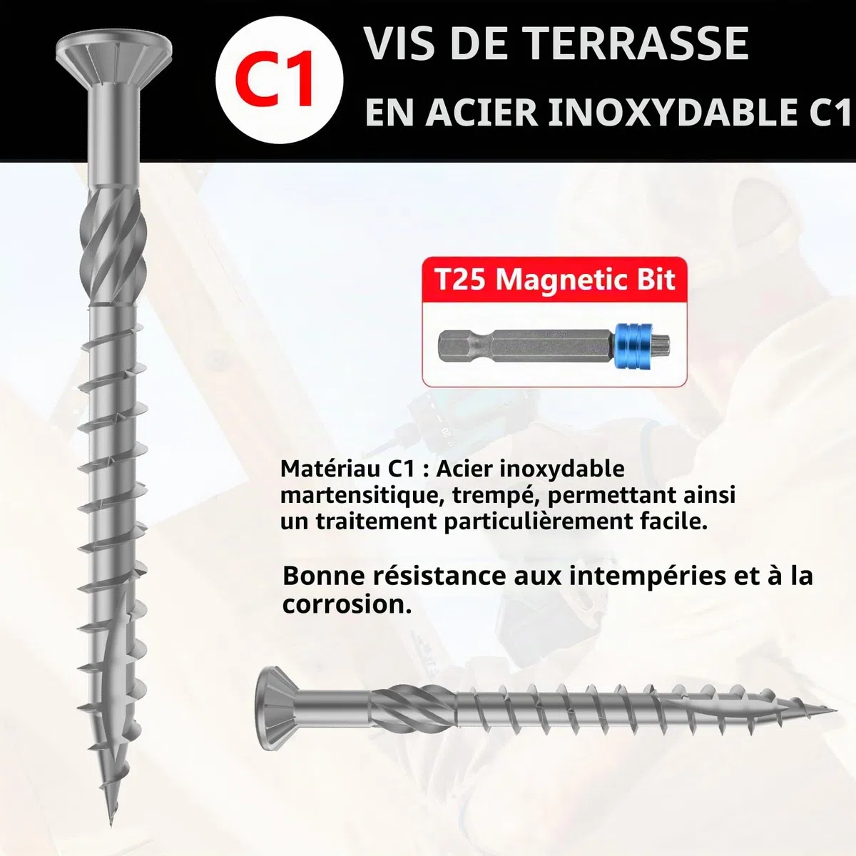 TCO Lot de 1000 Vis pour Terrasse 5x60 Acier Inoxydable 410, 2 embouts T25 - Vis pour l'extérieur (construction de terrasses & en bois de construction, abris de jardin etc.)