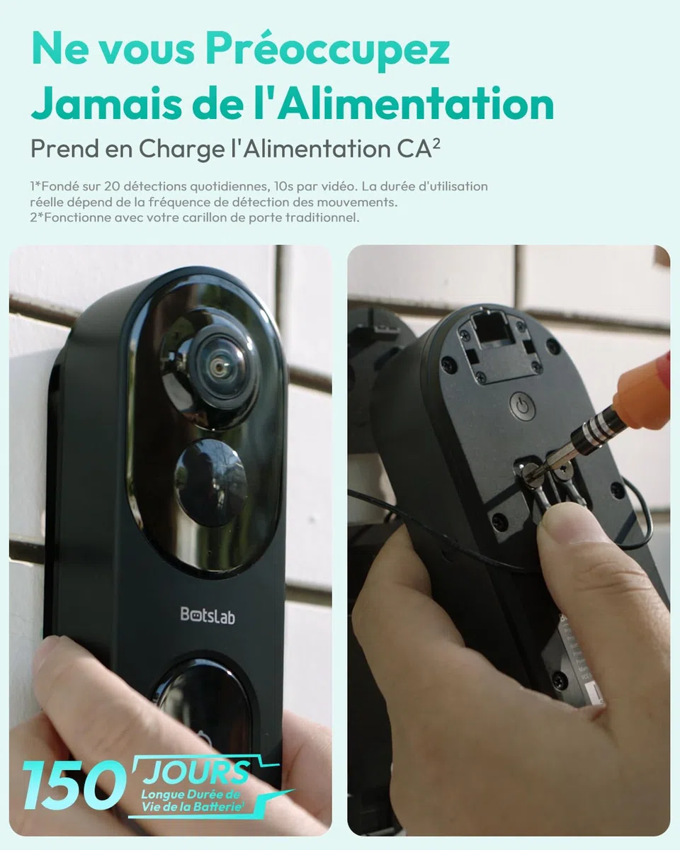 BOTSLAB 5MP Sonnette sans Fil avec Caméra, Vue tête-Pieds 1:1, Détection de Personnes/PIR, Pas de Frais mensuels, Audio bidirectionnel, Carte SD 32 Go installée, Video Doorbell (Batterie), Alexa