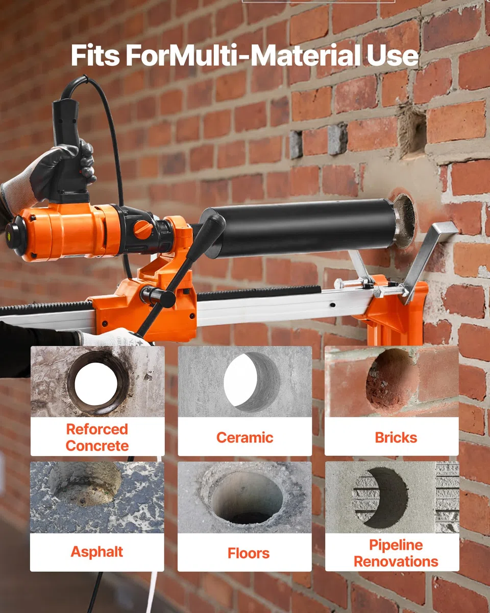 VEVOR Carotteuse à Diamant Diamètre de Perçage 200 mm, Perceuse à Béton Portative ou sur Pied 1500 W, 2 Vitesses 1000/2250 tr/min, Perçage Sèche et Humide, avec 4 Forets, pour Brique, Pierre
