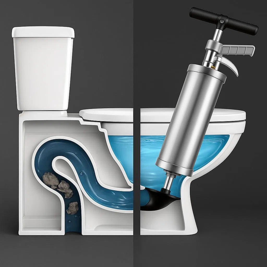 BRÜTAL Déboucheur Canalisation Haute Pression à Air Comprimé – WC Évier Lavabo Douche – Pistolet Déboucheur Pneumatique Professionnel 4 Bars, Manomètre, Cuve Inox & 3 Embouts – Sans Produit Chimique