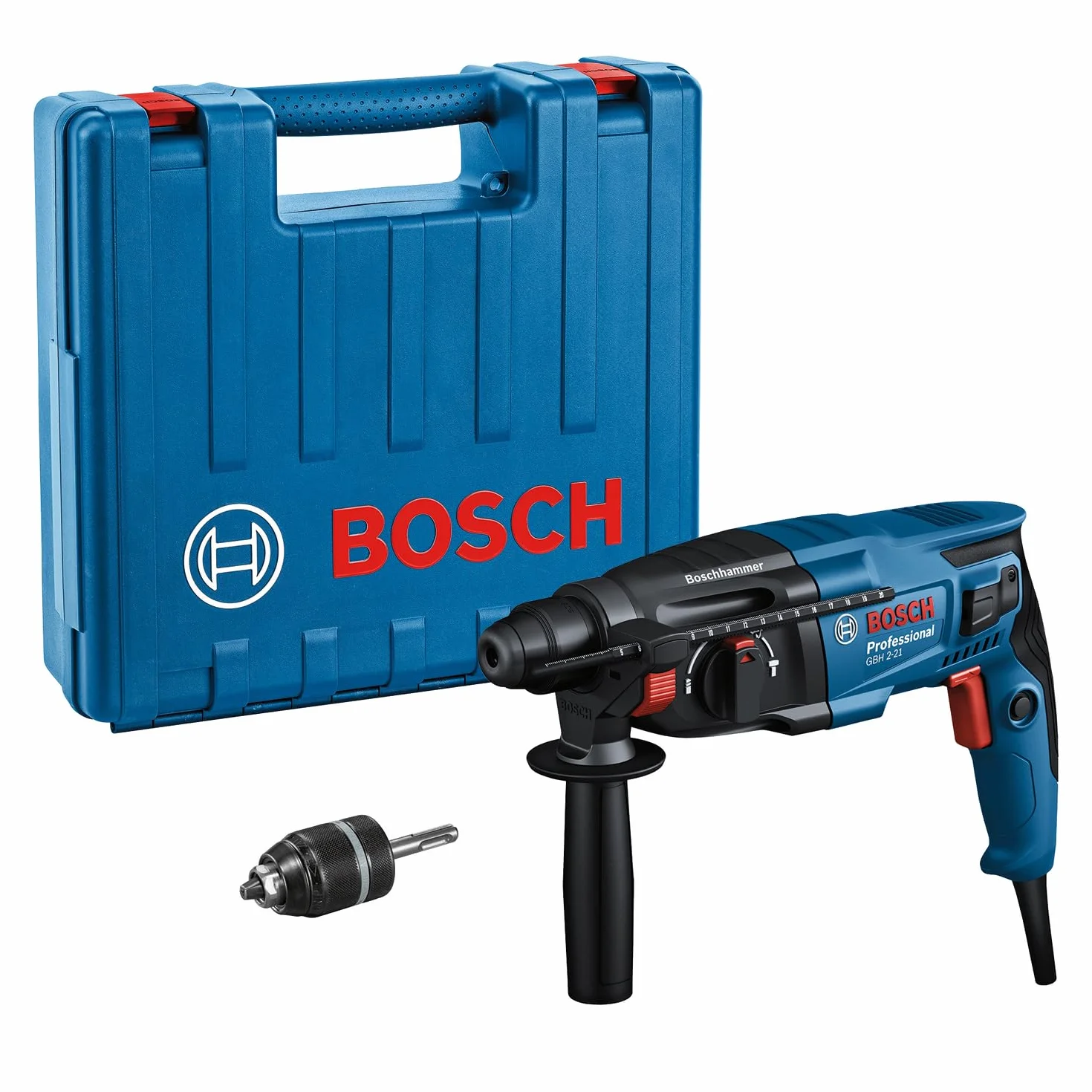 Bosch Professional perforateur GBH 2-21 (SDS plus, mandrin automatique avec adaptateur SDS plus, poignée auxiliaire, chiffon, butée de profondeur, coffret de transport)