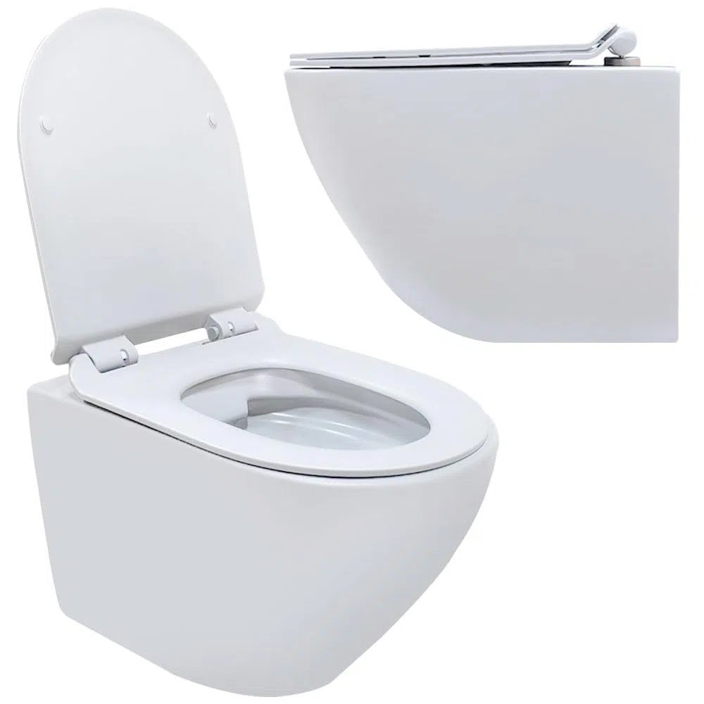 WC Suspendu Blanc Sans Bride avec Fixations Invisibles + Abattant Ultra Fin Déclipsable + Frein de Chute (Blanc)