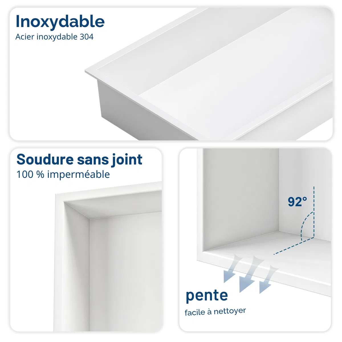 Niche de douche murale en acier inoxydable avec lumière LED, niche de douche encastrée blanche, étagère de rangement simple pour salle de bain, 30x30 cm