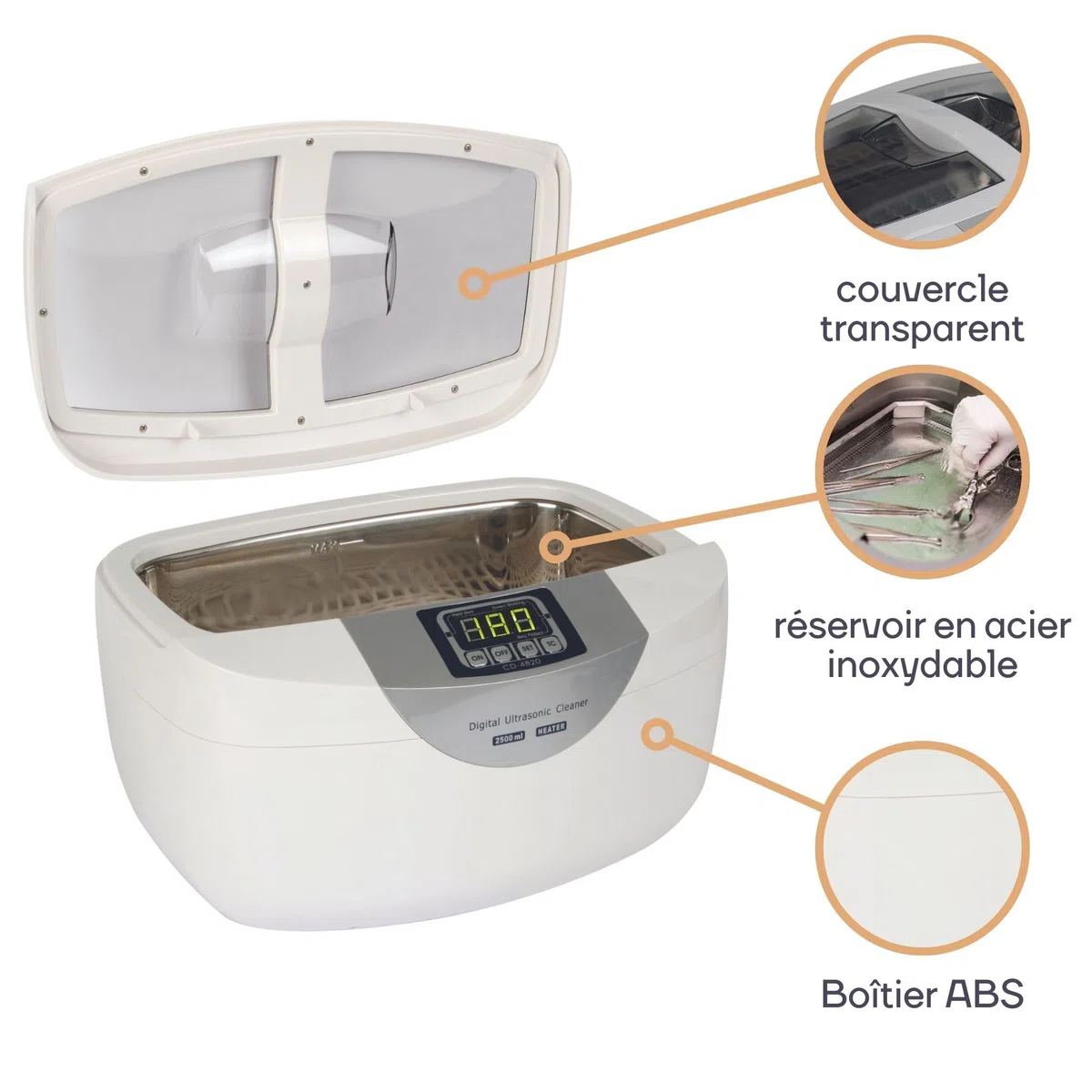 Perel Nettoyeur à ultrasons 2.6 L, 35 kHz nettoyeur bijoux et lunettes, cuve inox, minuterie digitale 5 cycles, nettoyage profond sans rayures, blanc