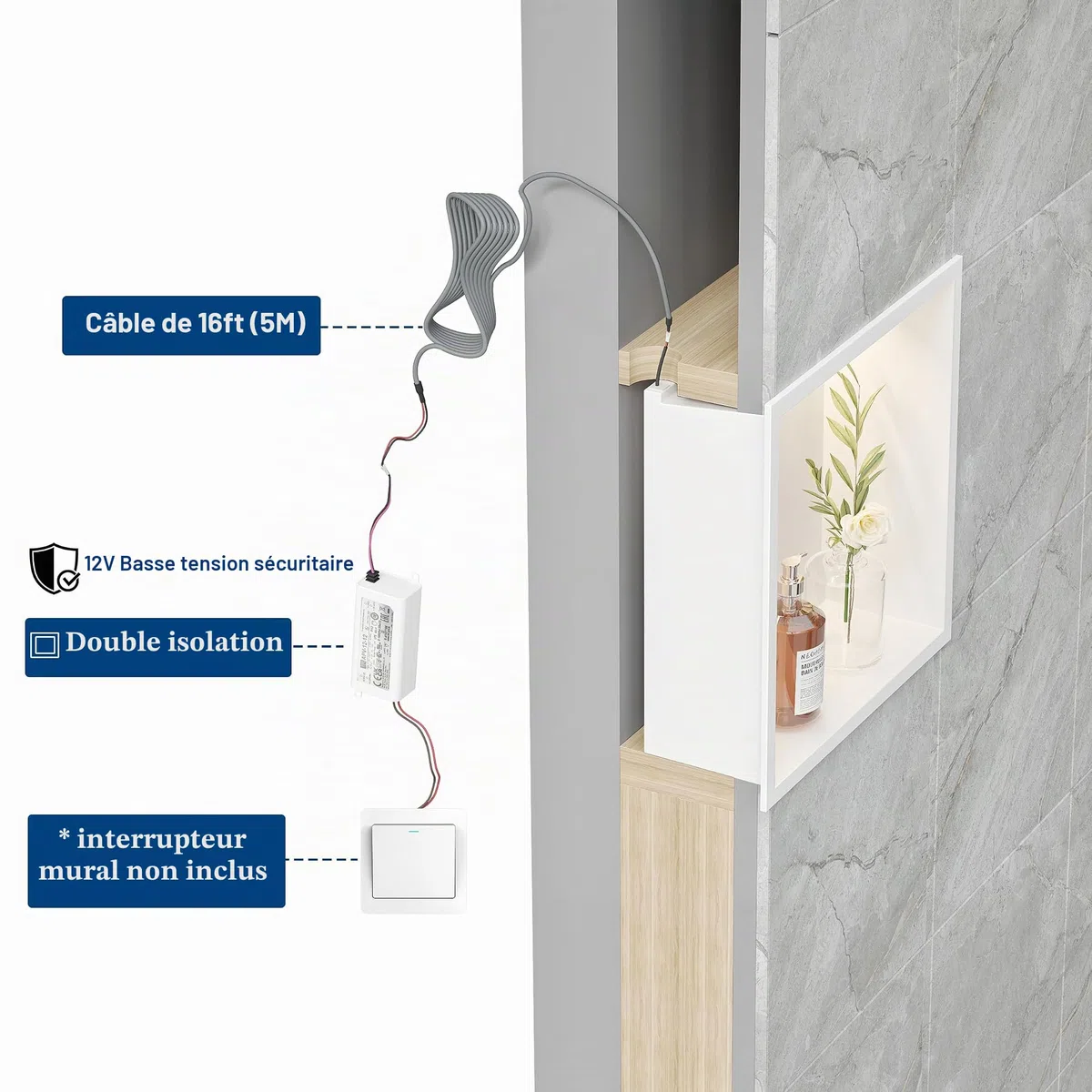 Niche de douche murale en acier inoxydable avec lumière LED, niche de douche encastrée blanche, étagère de rangement simple pour salle de bain, 30x30 cm