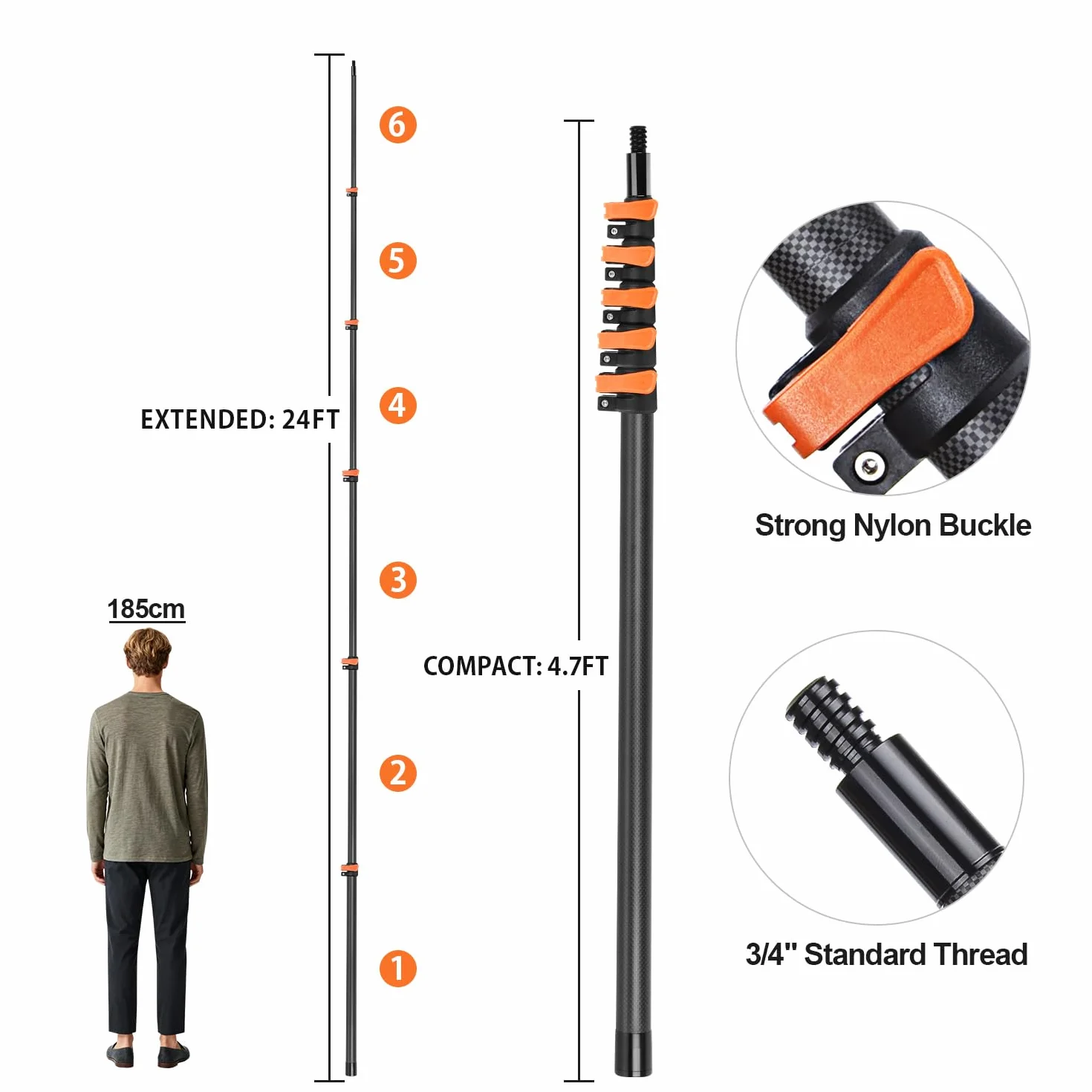 Perche télescopique en fibre de carbone 7,32 m/24 pieds, Rallonge télescopique ajustable pour rouleau à peinture et nettoyage, manche telescopique polyvalente légère et stable pour outils de nettoyage