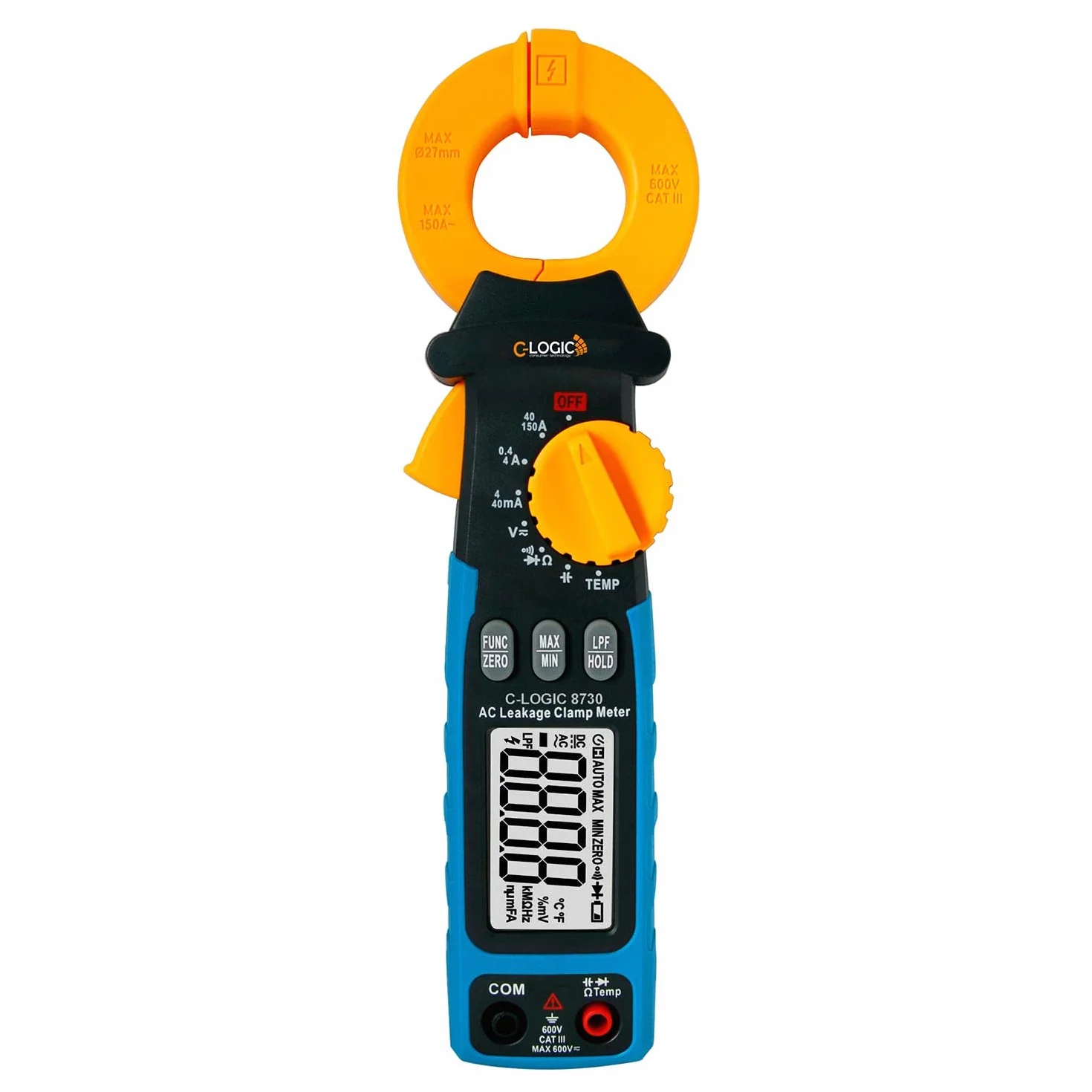 C-LOGIC 8730 Pince Ampèremétrique de Courant de Fuites TRMS AC 150A TRMS avec LPF (Filtre Pas Bas) Tension AC/DC Résistance Capacité Température Rangue AUTO CAT. III 600 V