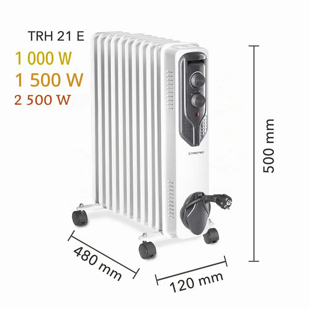 TROTEC Radiateur bain d'huile TRH 21 E, 3 niveaux de puissance, 2500W, thermostat réglable, 11 ailettes, chauffage silencieux avec fonction antigel